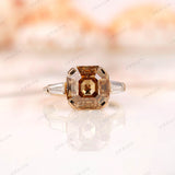 Octagon Asscher Champagne Moissanite Ring, Three Stone Engagement Ring, Tapered Baguette Accent Ring, Vintage Three Stone Ring, Gold Rings