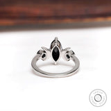 Black Marquise Cut Celestial Ring Moissanite, 10K White Gold Vintage Ring, Crescent Moon Ring, Black Round Accent Antique Ring, Black Rings