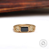 Three Stone Moissanite Engagement Ring, Three Stone Vintage Gold Ring, Vintage Bezel Ring, OEC Champagne Side Stones, Green Moissanite Ring