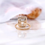 Krupp & Old Mine Hybrid Emerald Cut Moissanite Engagement Ring Set, Double Claw Prong Euro Shank Ring, Unique Large Rings, Bridal Ring Set