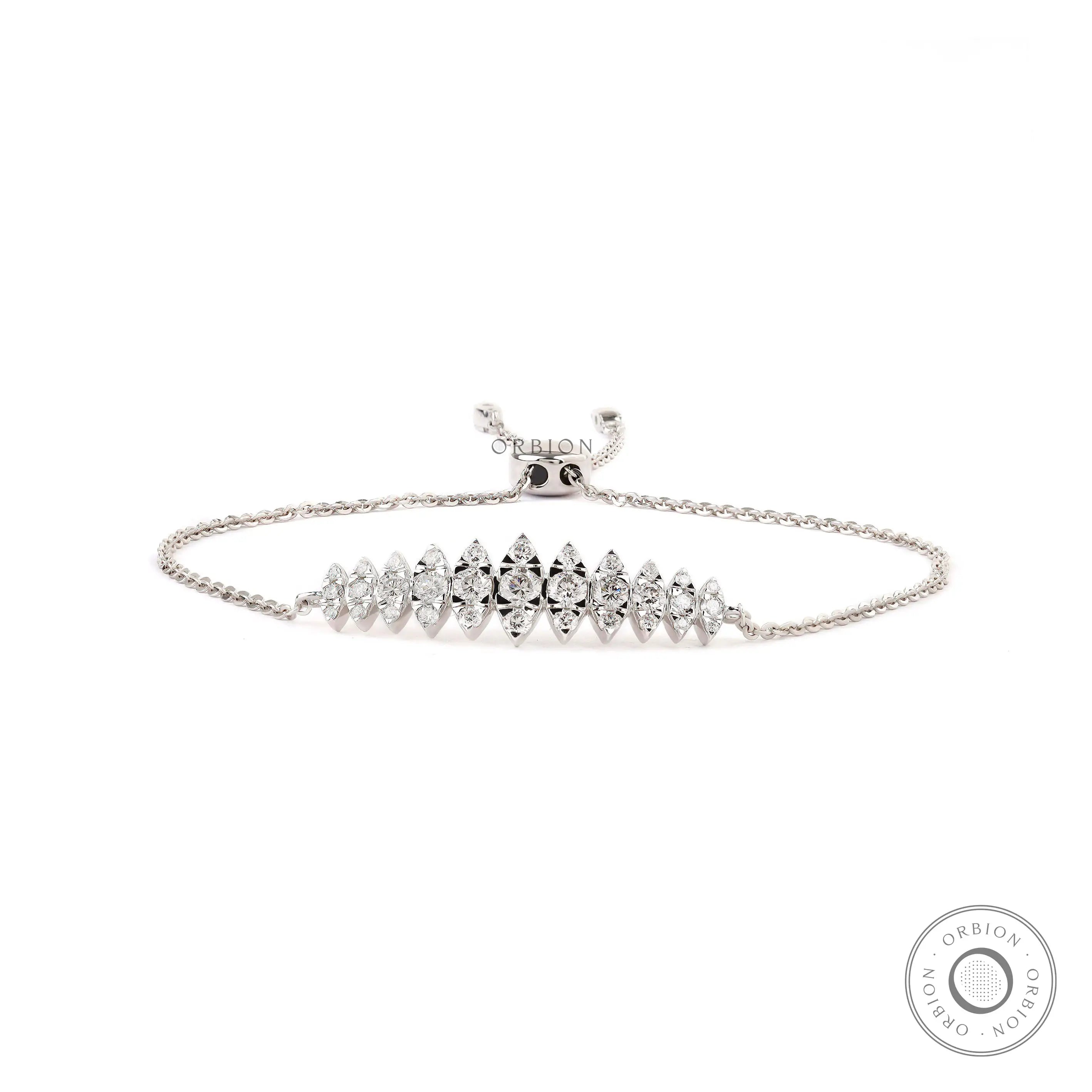 Front view of marquise inspired lab grown diamond bracelet on white background