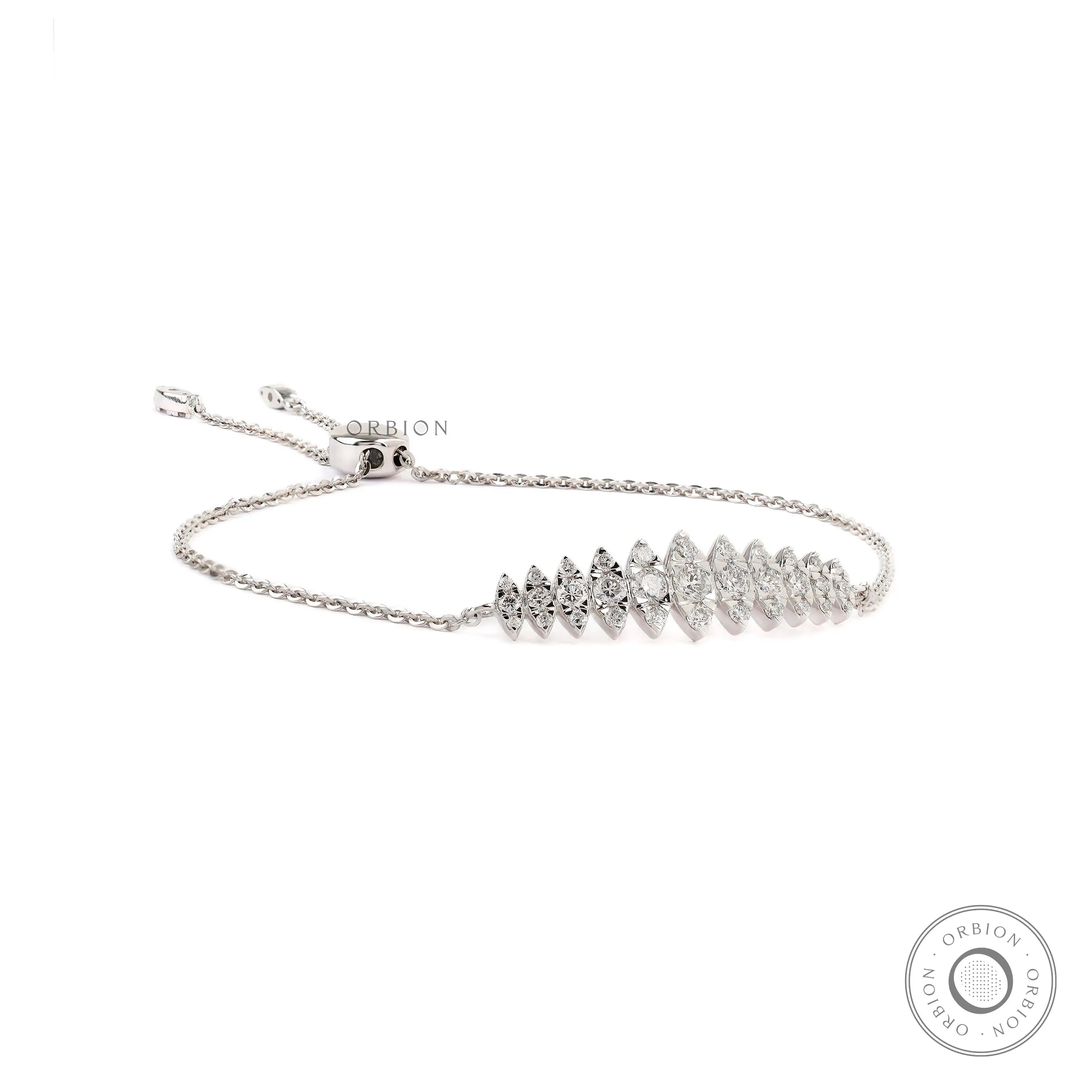 Angled view of marquise shaped round diamond bolo bracelet
