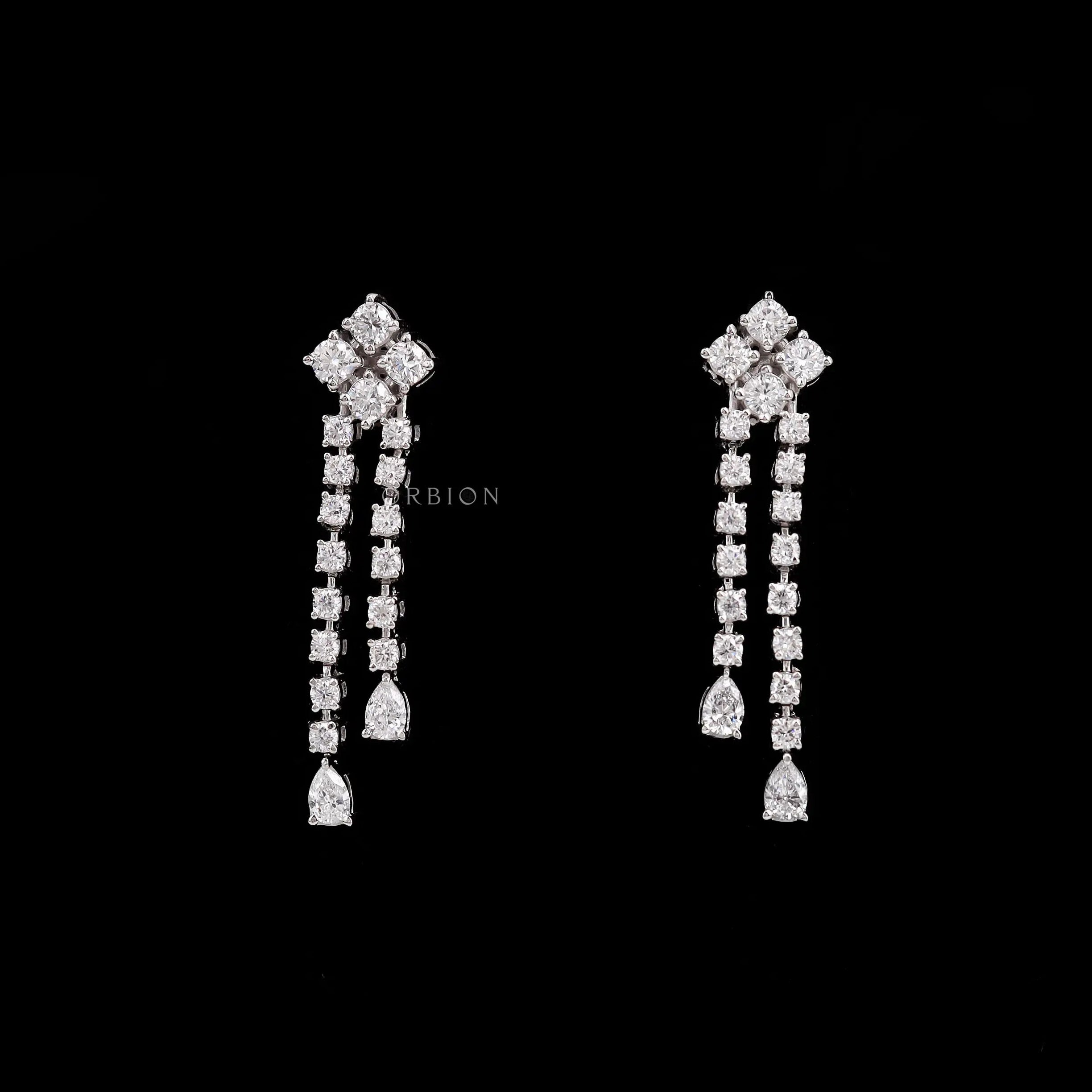 Lab diamond double strand dangle drop earrings in 14k white gold with round and pear diamonds