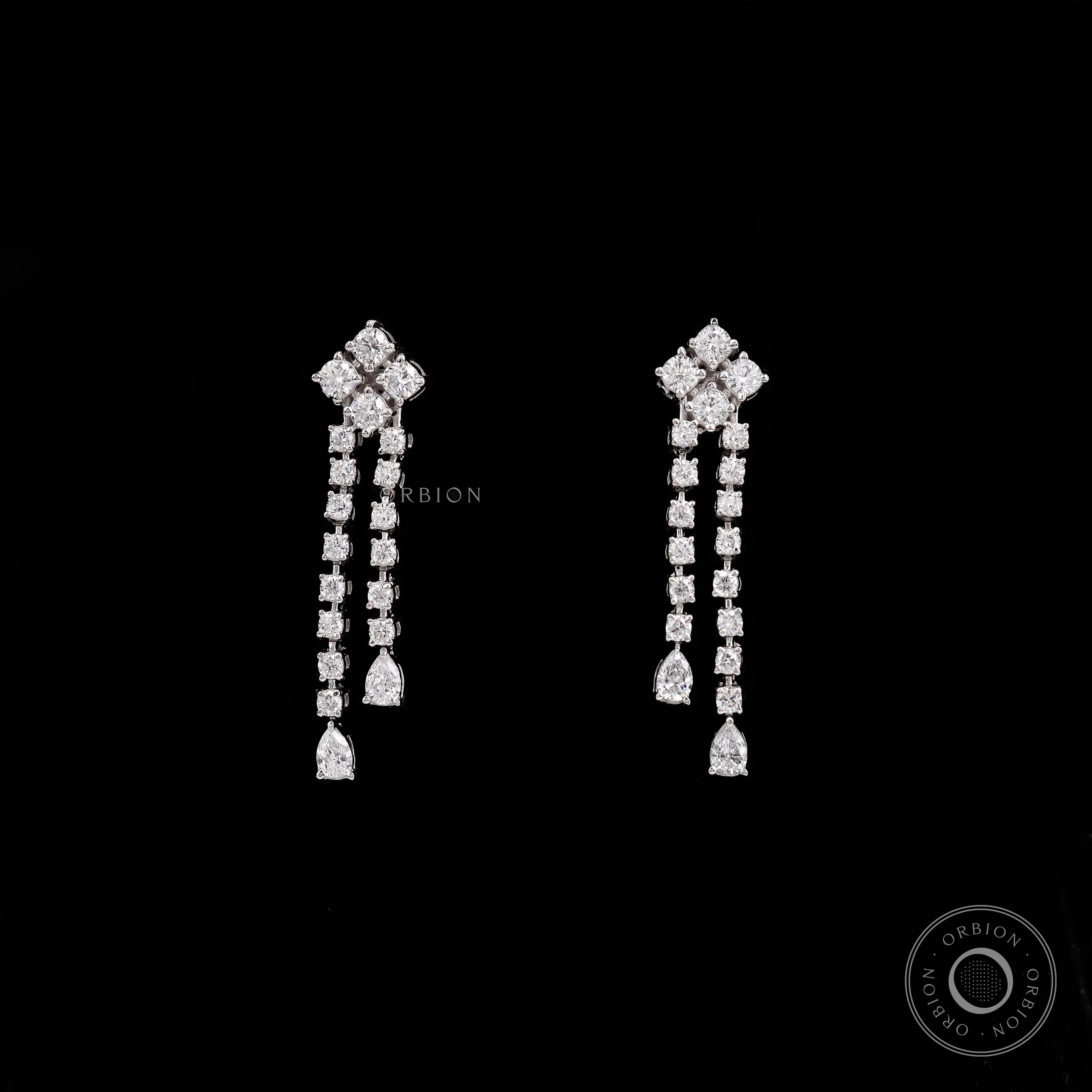 Lab diamond double strand dangle drop earrings in 14k white gold with round and pear diamonds
