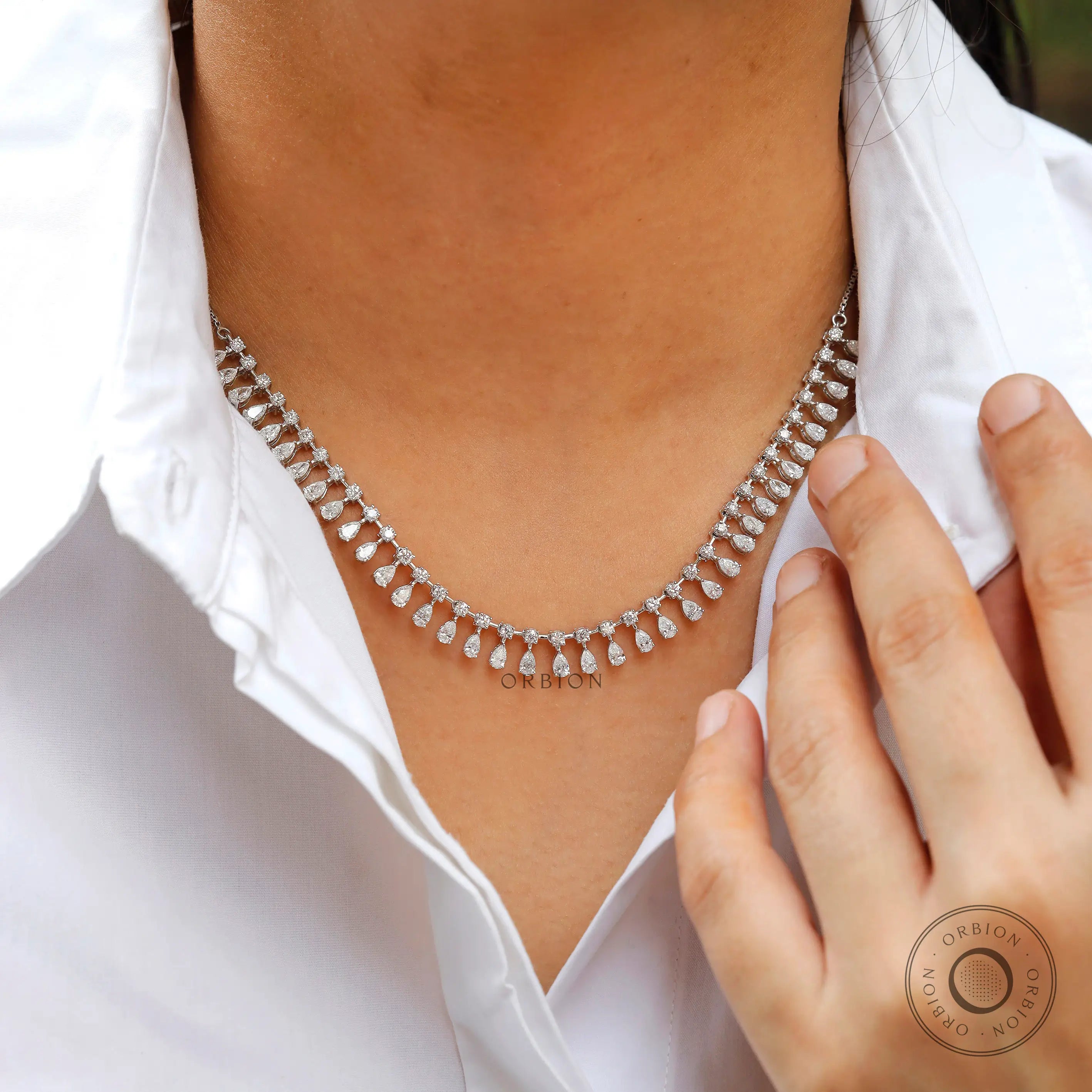 Lab diamond flexible linking choker necklace in 14k white gold with round and pear diamond fringe