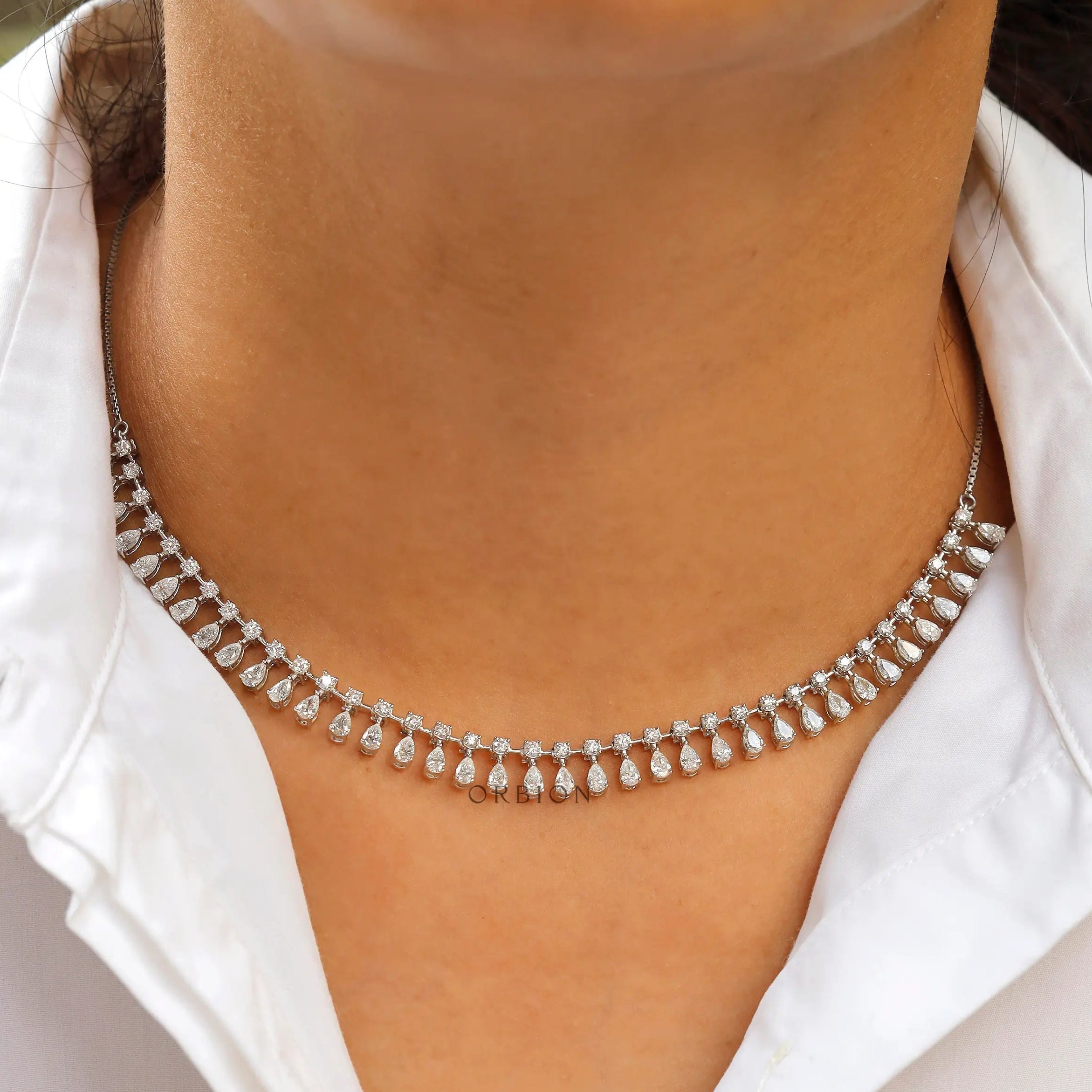 Round and pear cut lab diamond drop necklace in 14k white gold