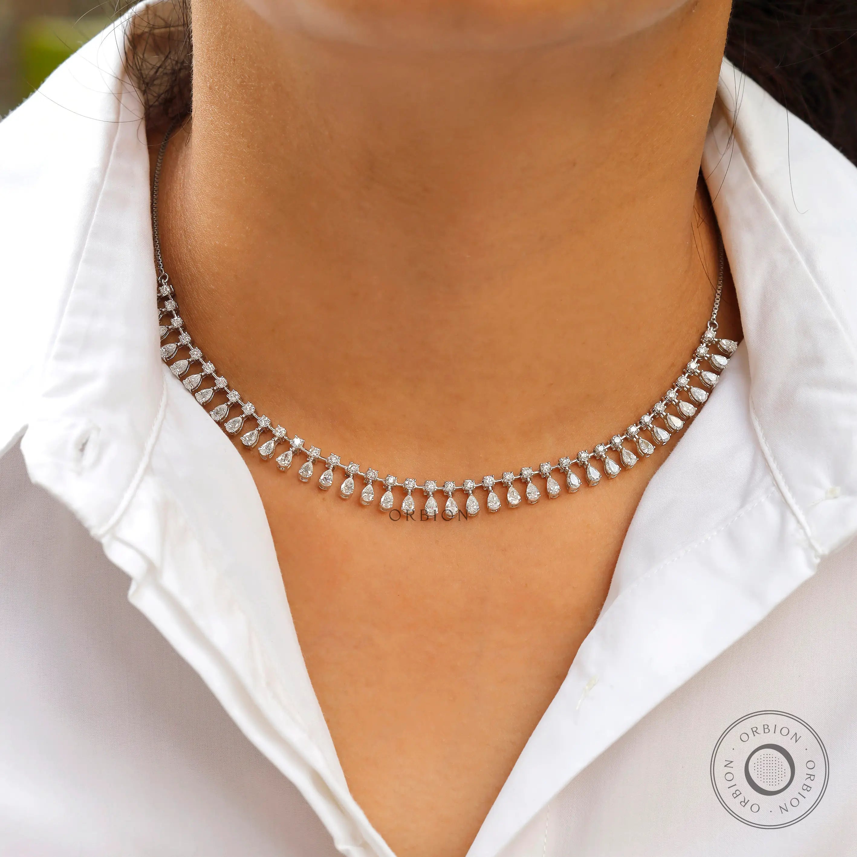 Round and pear cut lab diamond drop necklace in 14k white gold