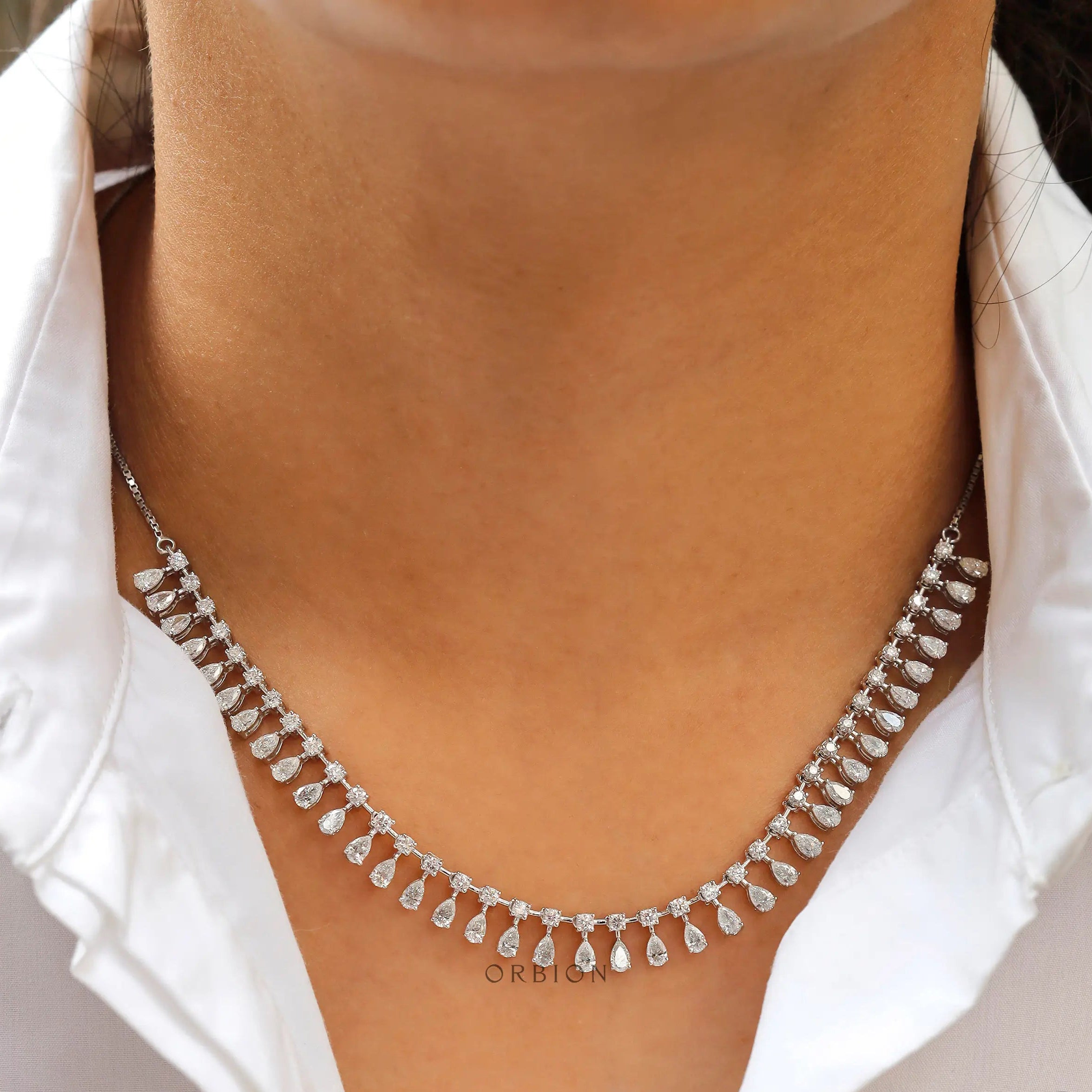 White gold lab diamond choker necklace with pear drop diamonds