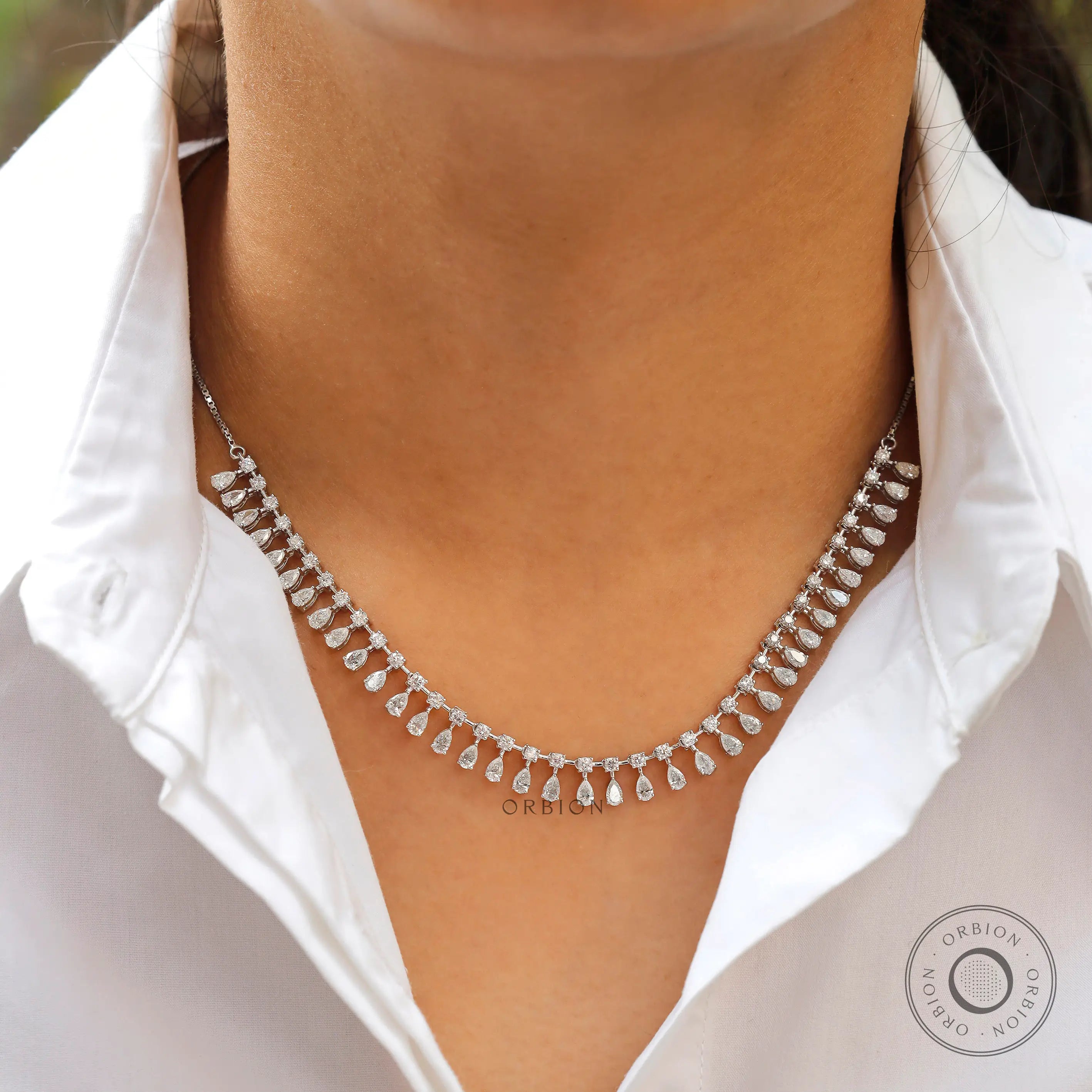 White gold lab diamond choker necklace with pear drop diamonds