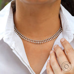 Model wearing lab diamond fringe drop necklace in 14k white gold