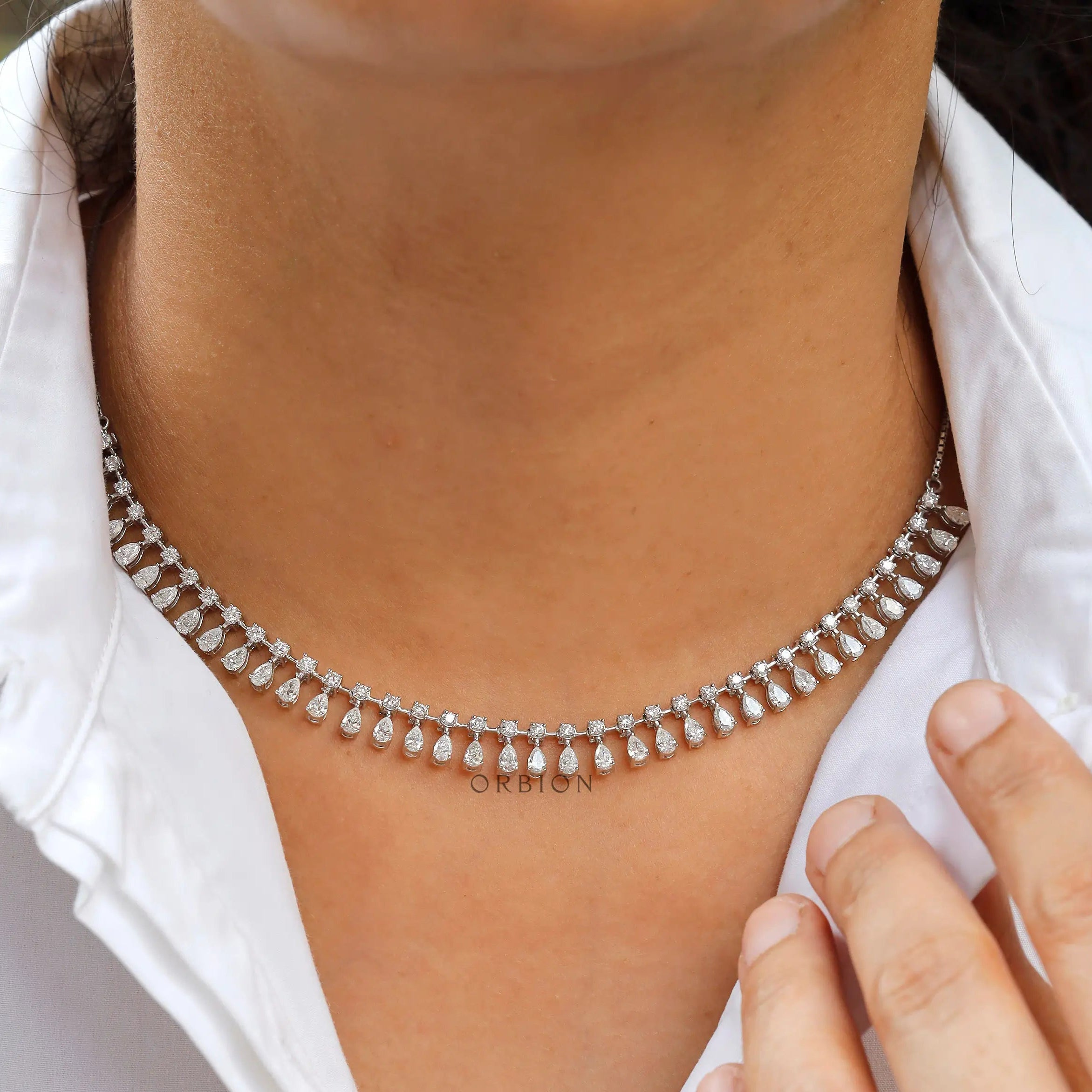 Model wearing lab diamond fringe drop necklace in 14k white gold