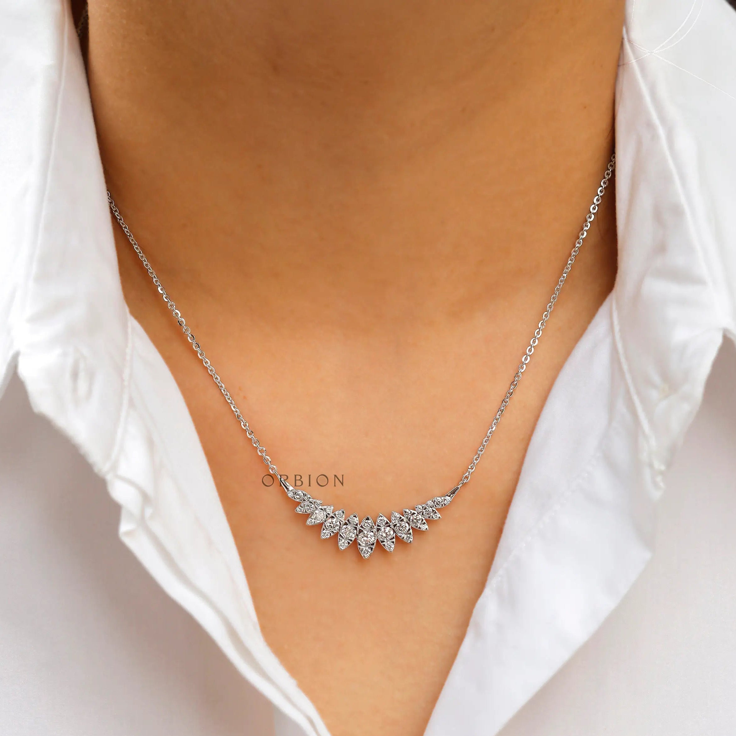 14k white gold diamond bar necklace front view on model