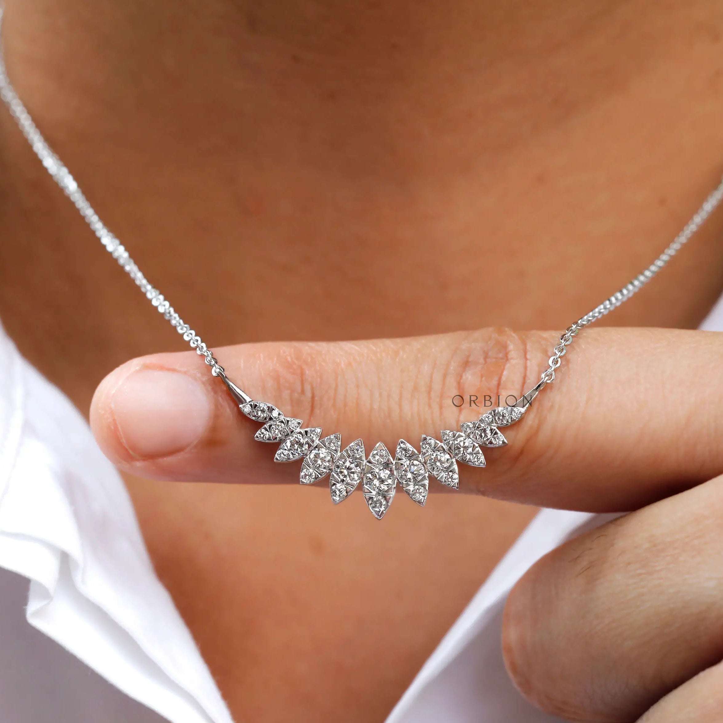 Minimalist marquise diamond bar necklace in white gold