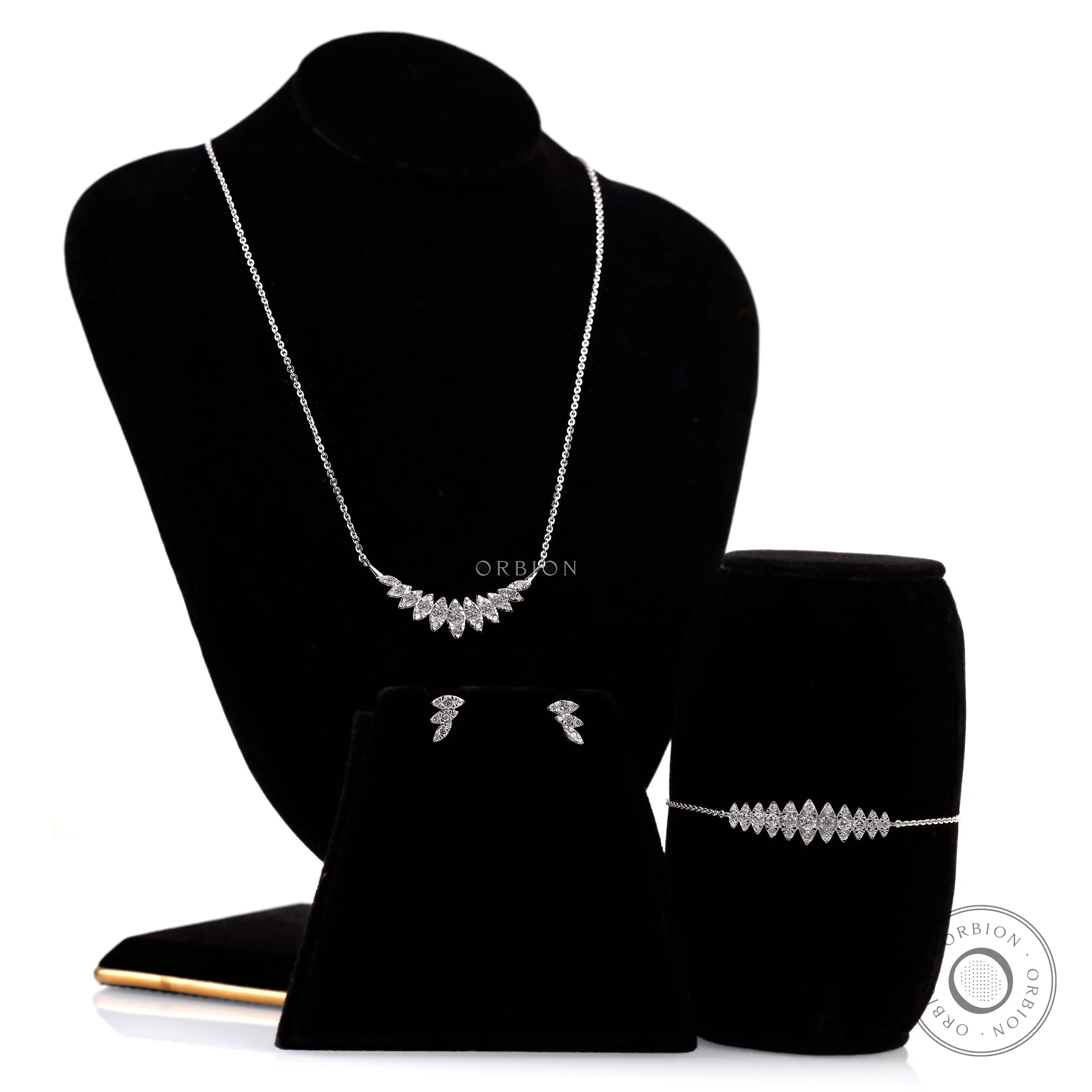 Lab grown diamond marquise bar pendant on 16-inch chain with matching earrings and bracelet