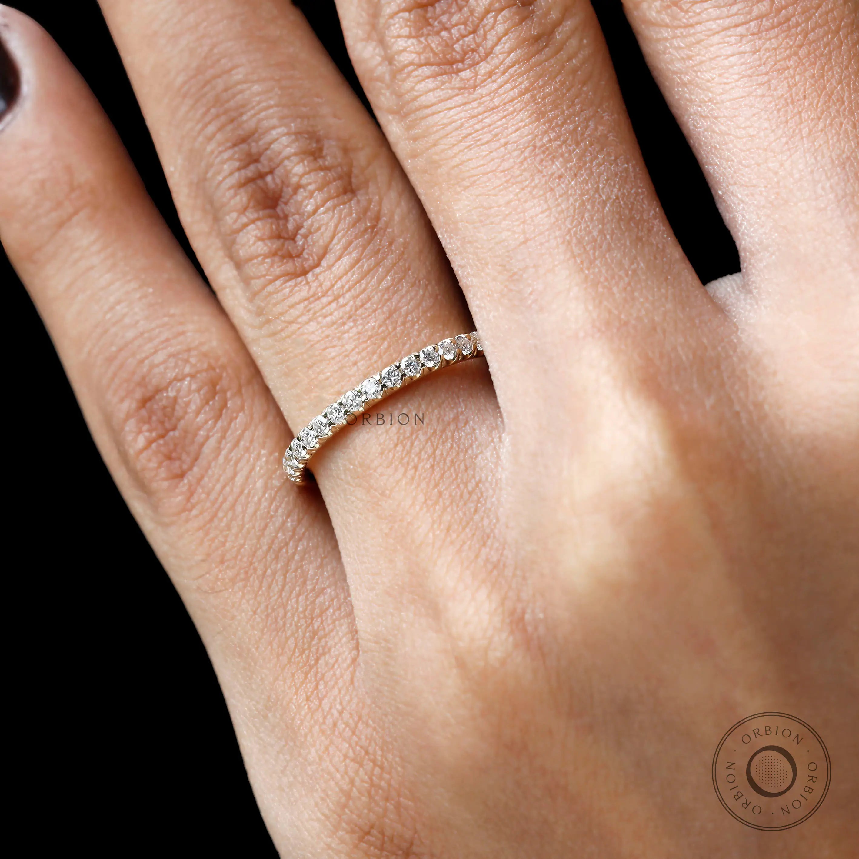 Round lab diamond half eternity stacking band close up