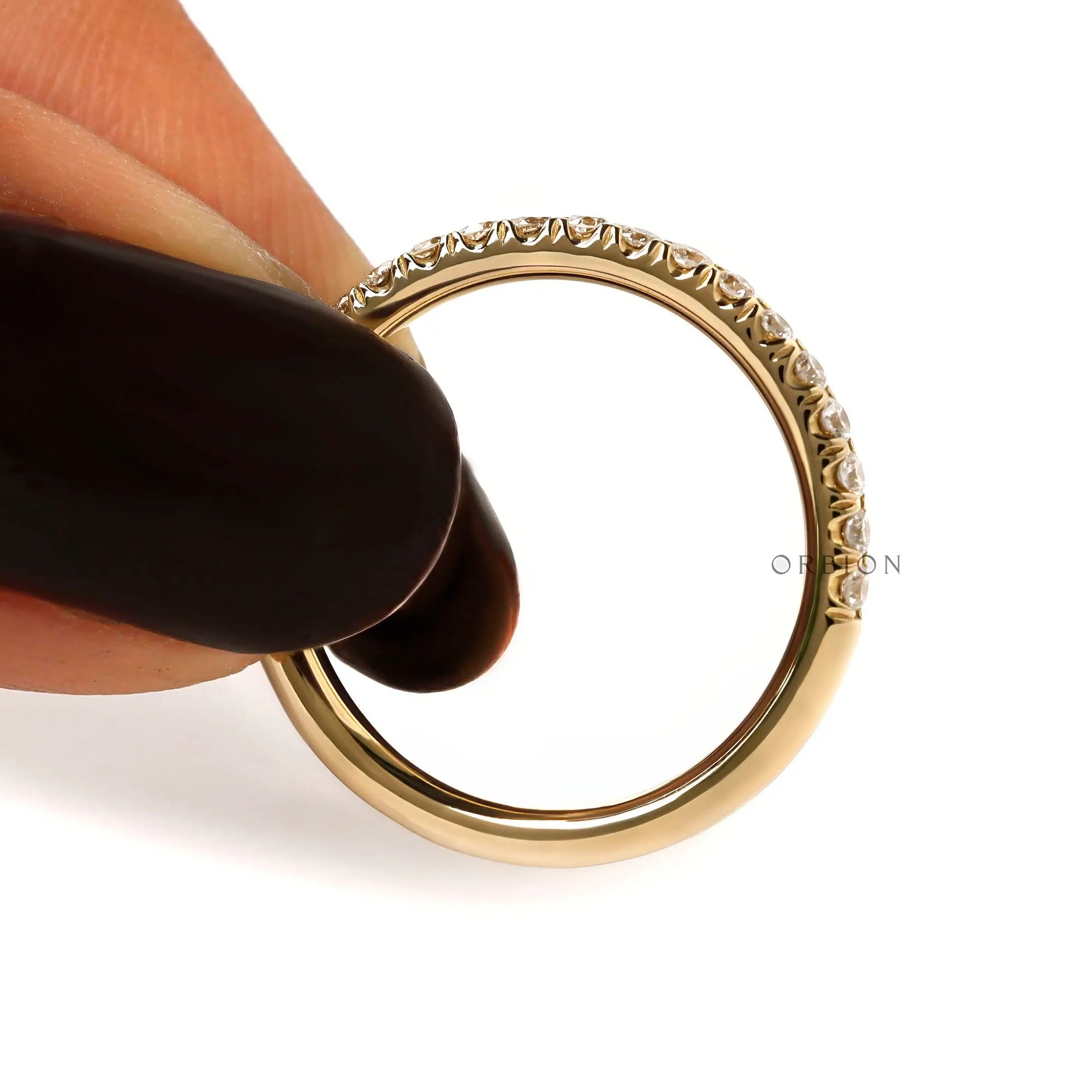 Minimalist pave wedding band paired for stacking
