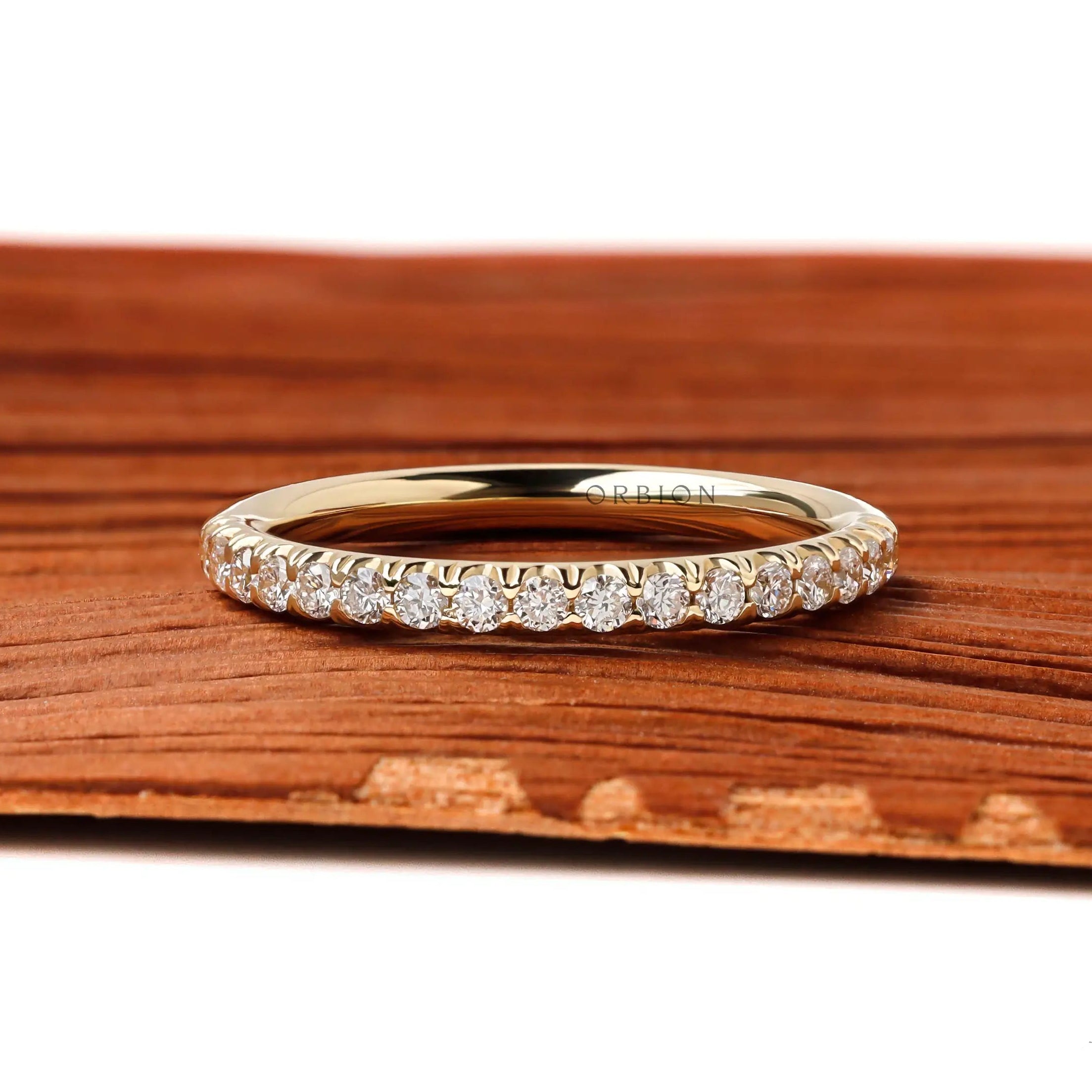 Pave half eternity round lab diamond wedding band in 10K yellow gold 