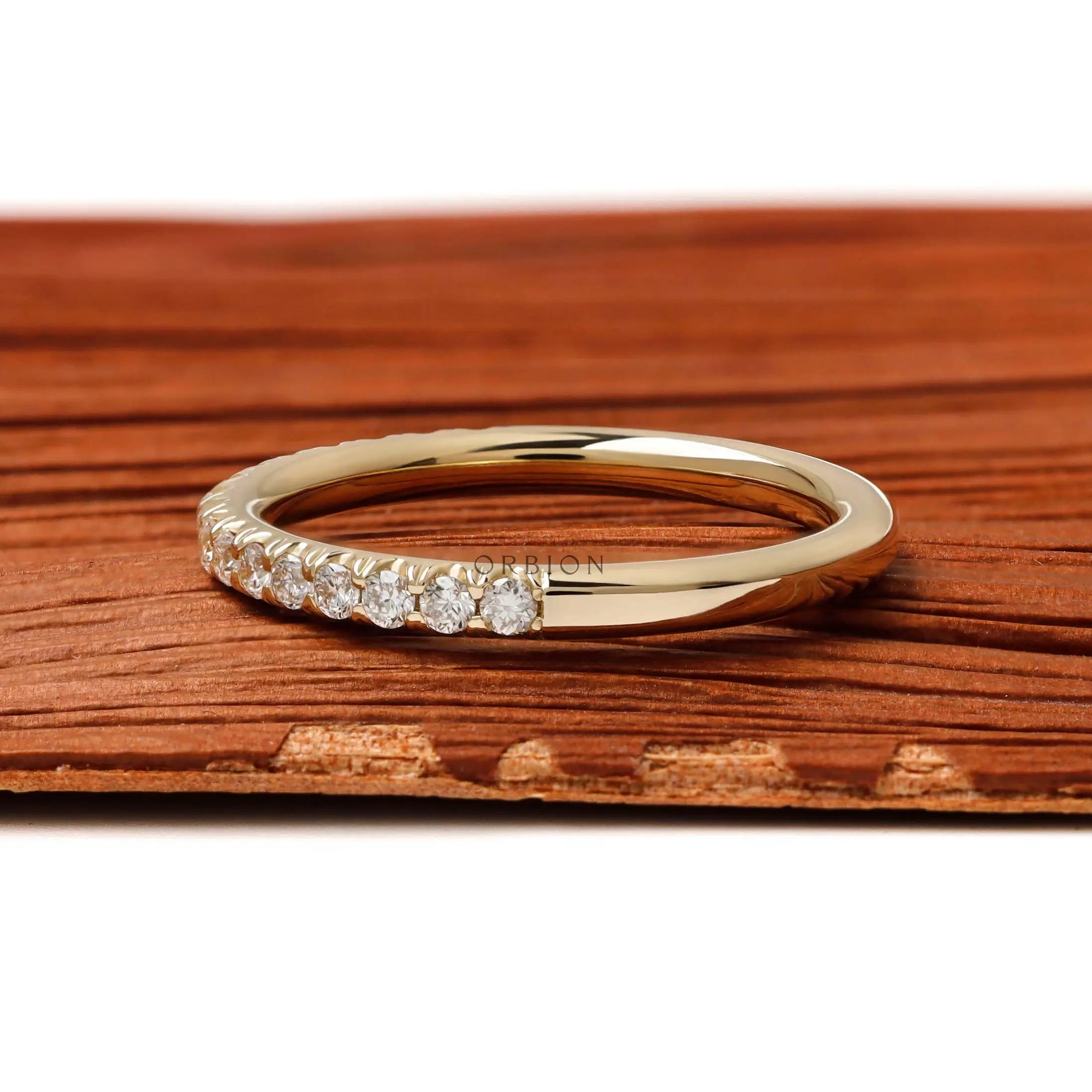 Slim 2mm yellow gold half eternity stacking ring with brilliant diamonds