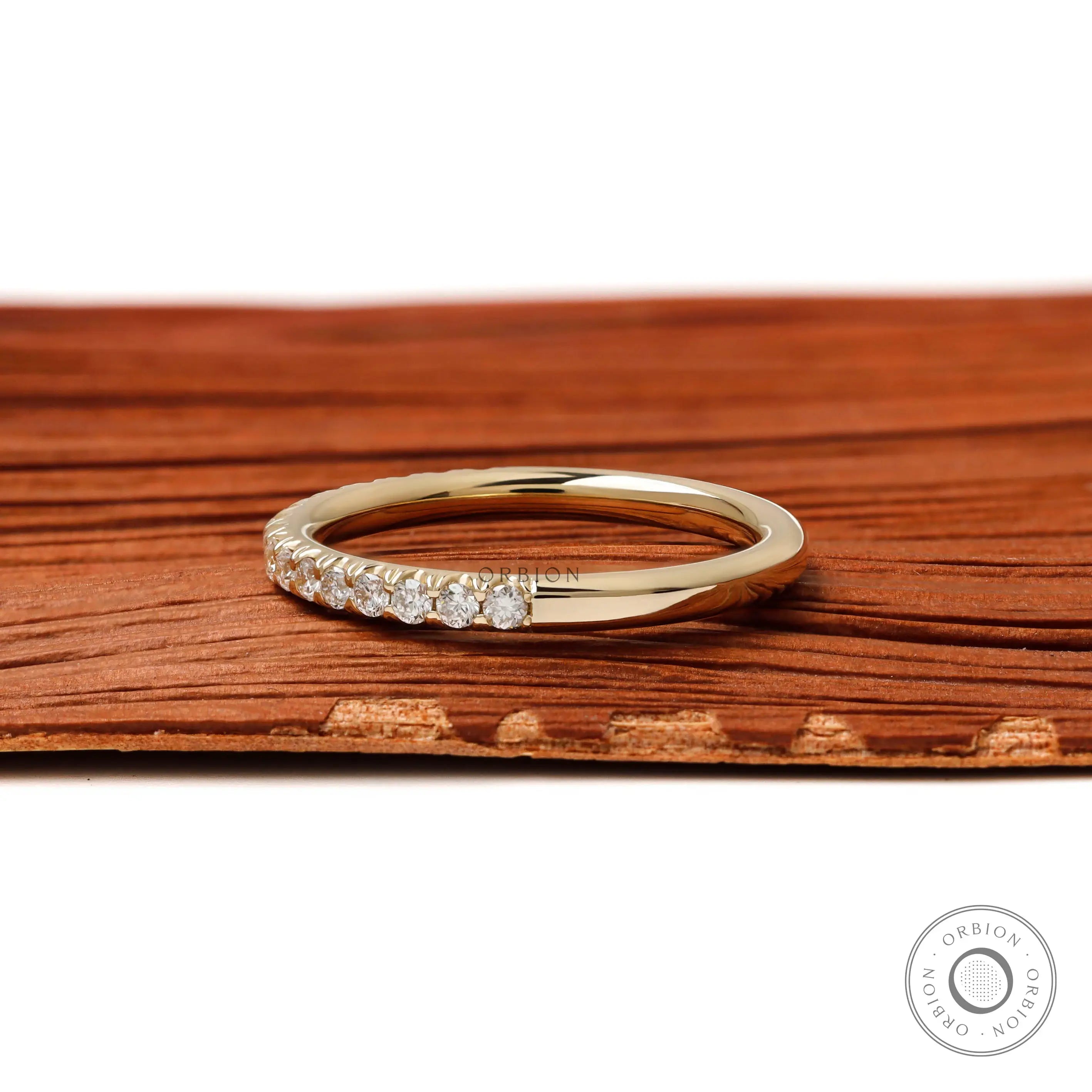 Slim 2mm yellow gold half eternity stacking ring with brilliant diamonds