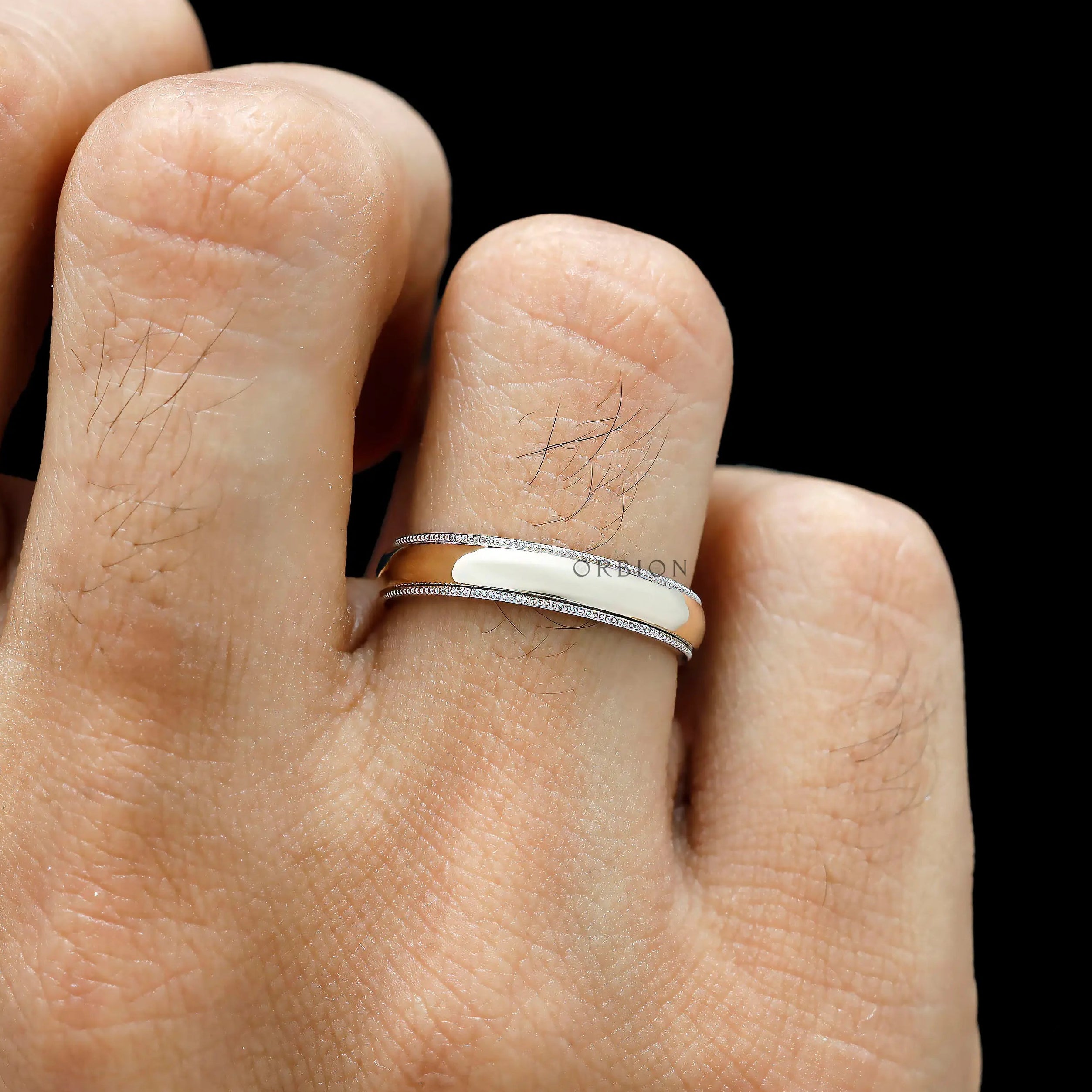Mens two tone gold dome milgrain wedding band