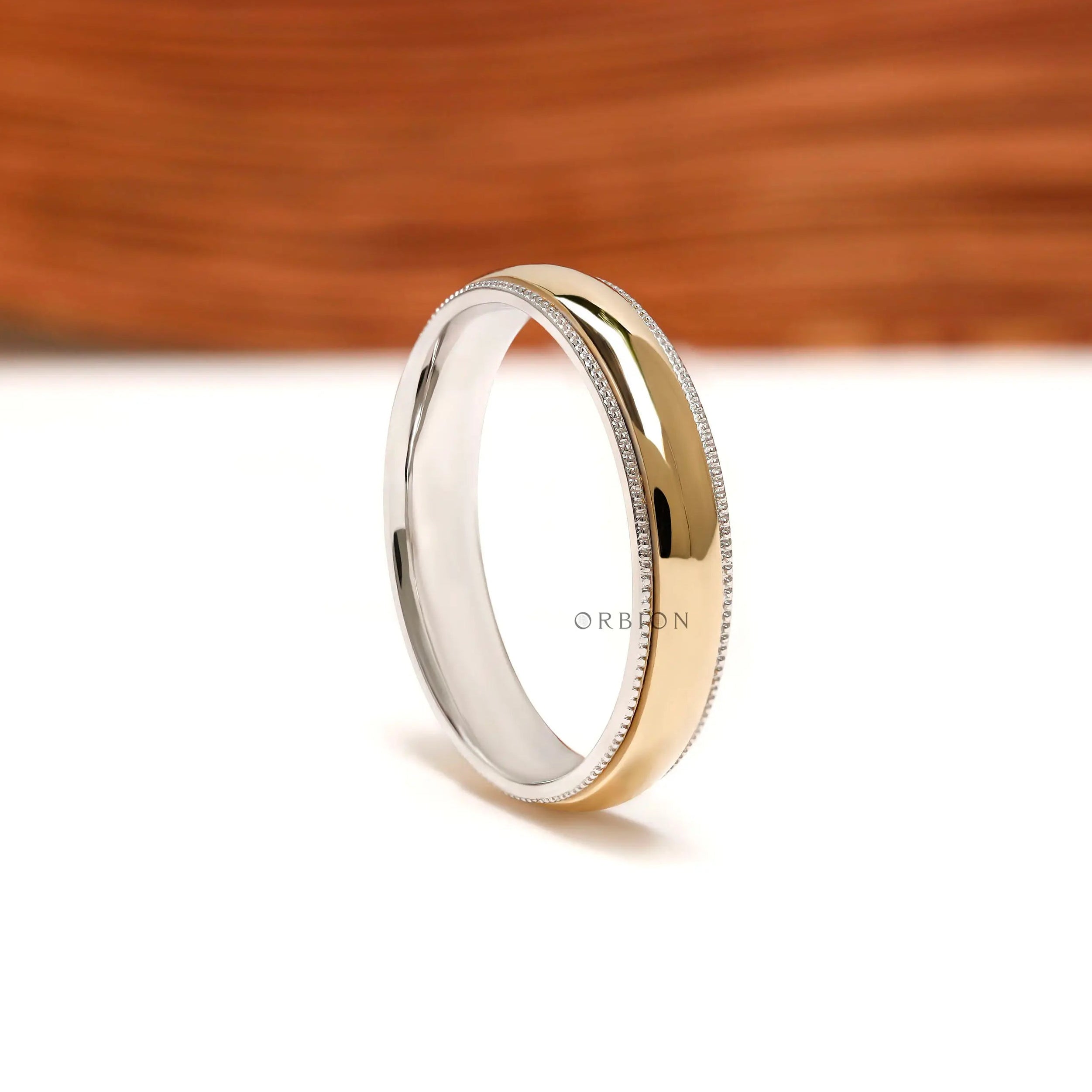 Mens 4 mm two tone gold dome milgrain wedding band