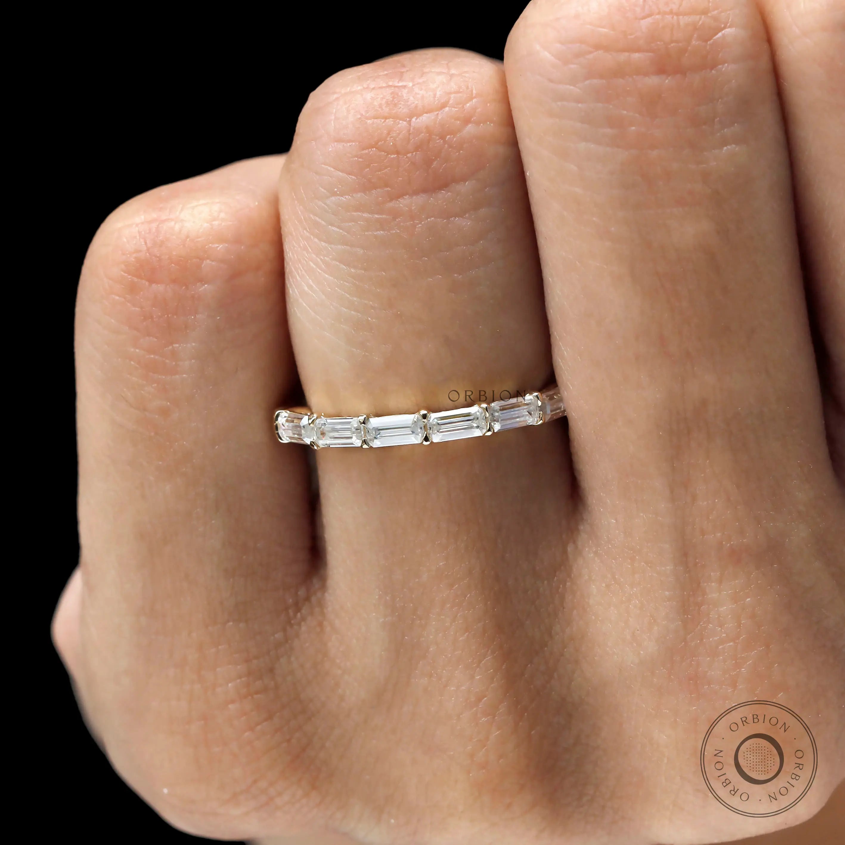 Emerald cut half eternity stacking band women