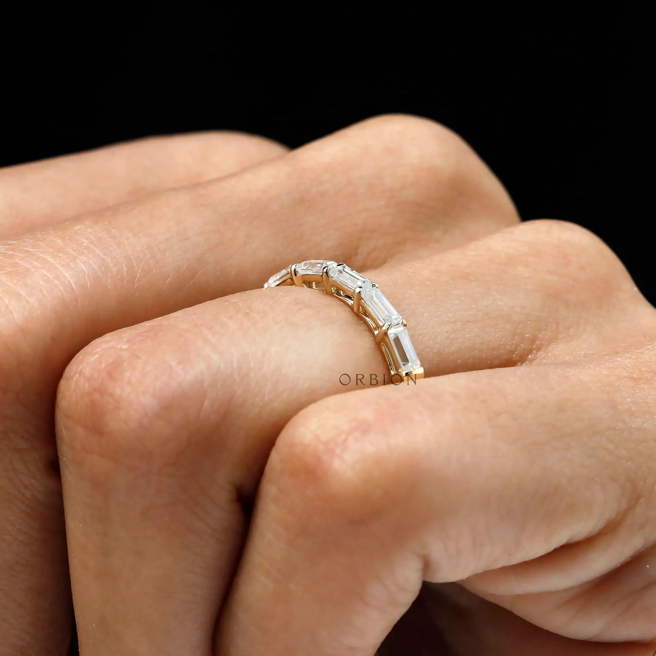 East west set emerald cut stacking band ring