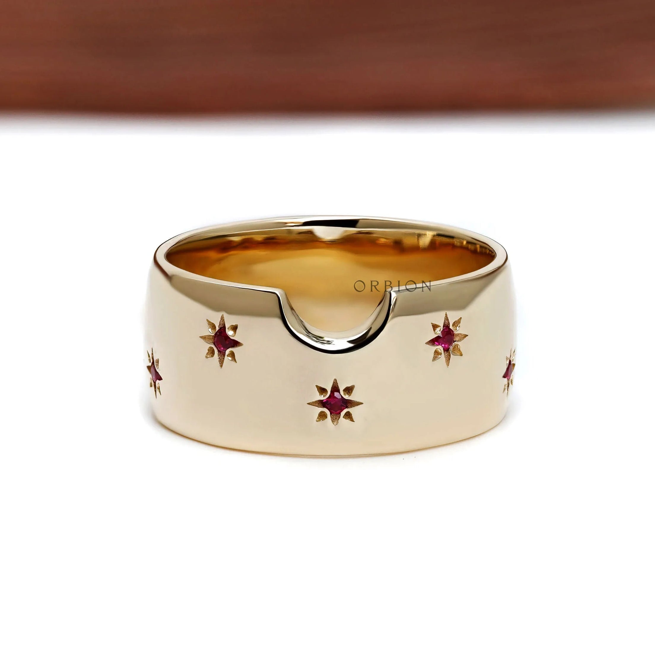 Starburst lab ruby dome cigar band ring in 10k yellow gold