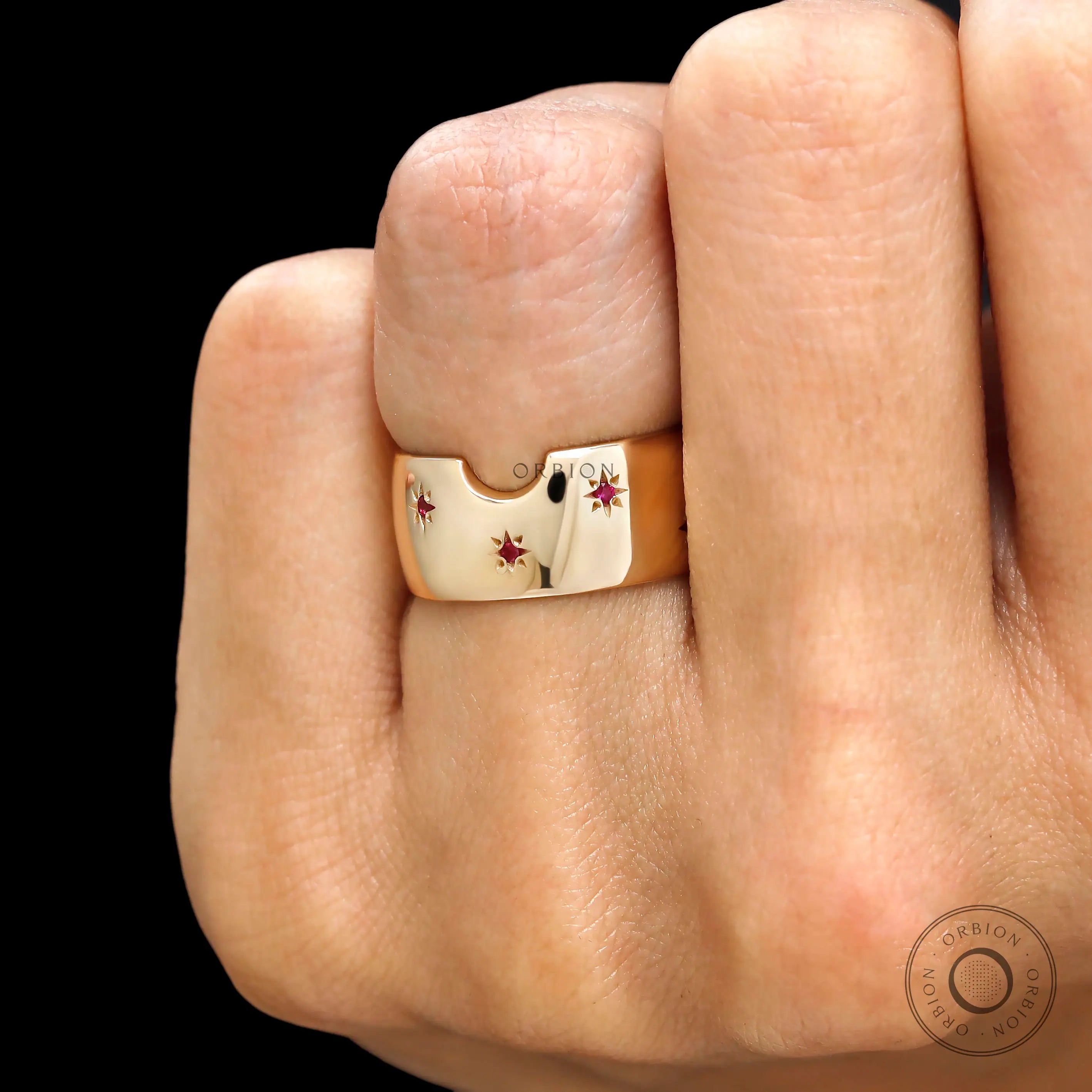 Star engraved wide cigar eternity band yellow gold