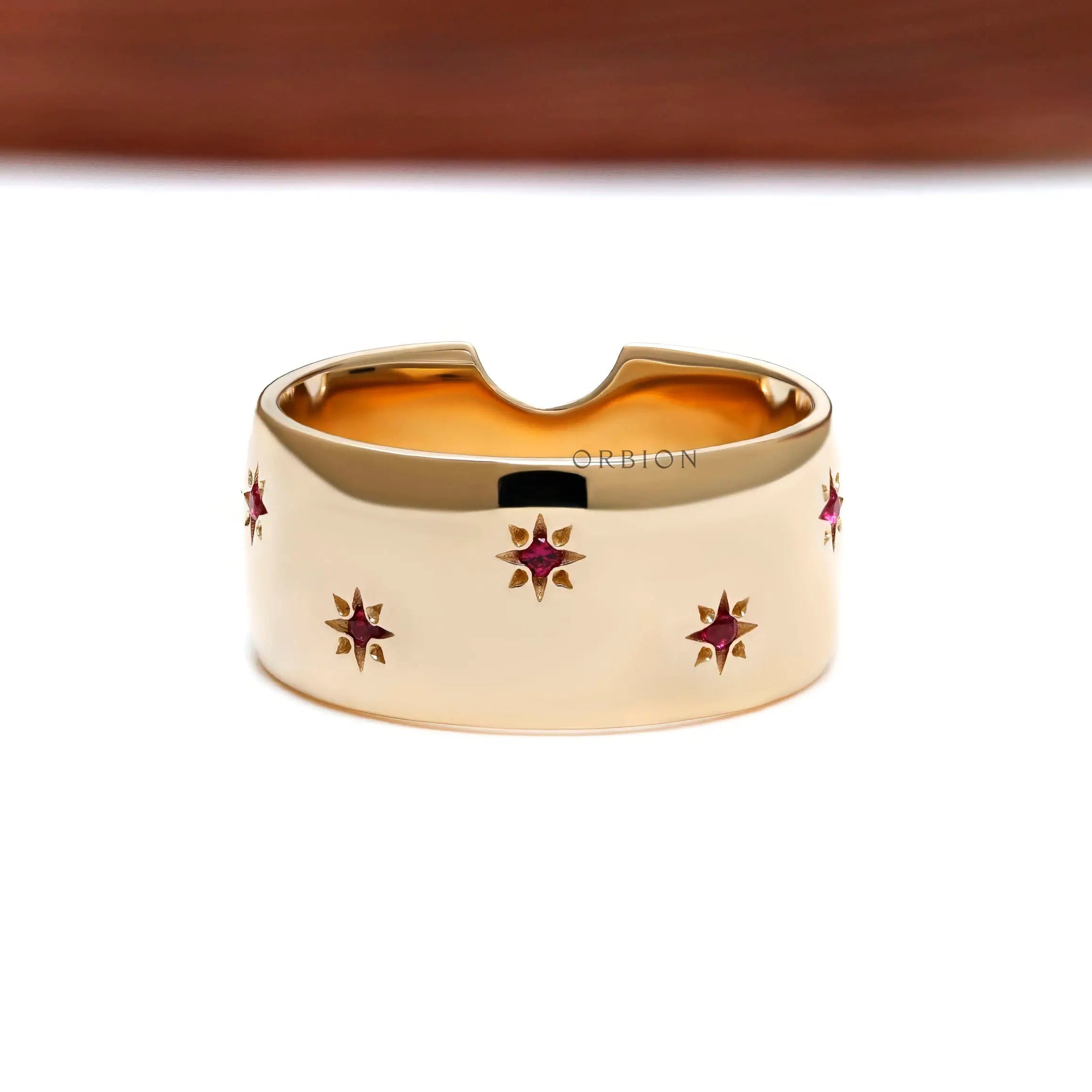 Celestial inspired ruby wide band ring back view
