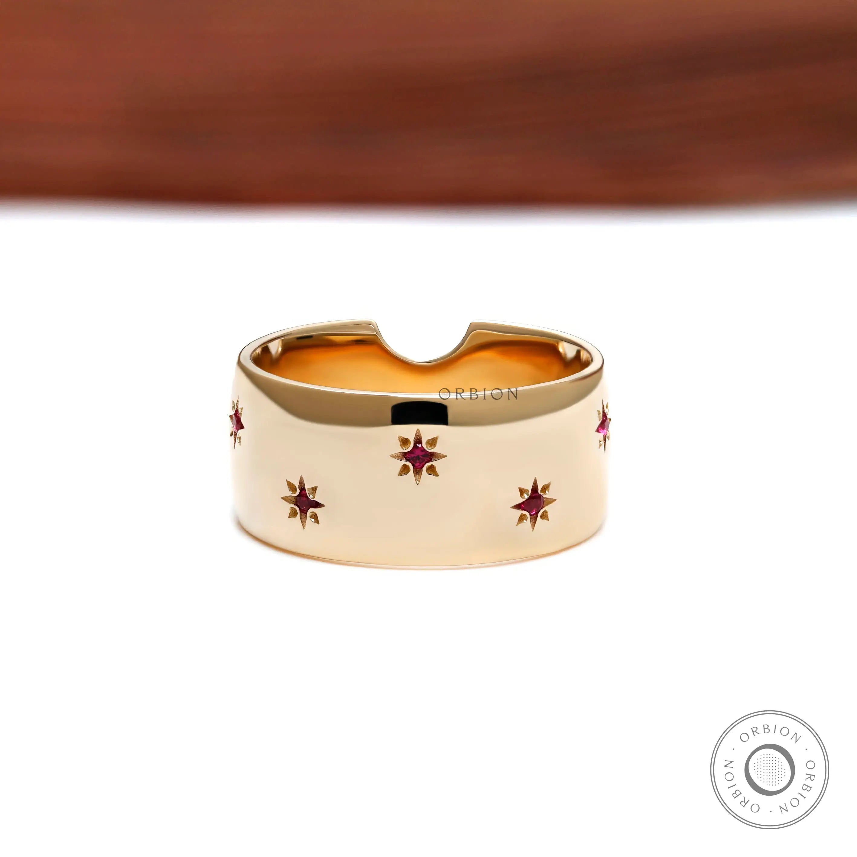 Celestial inspired ruby wide band ring back view
