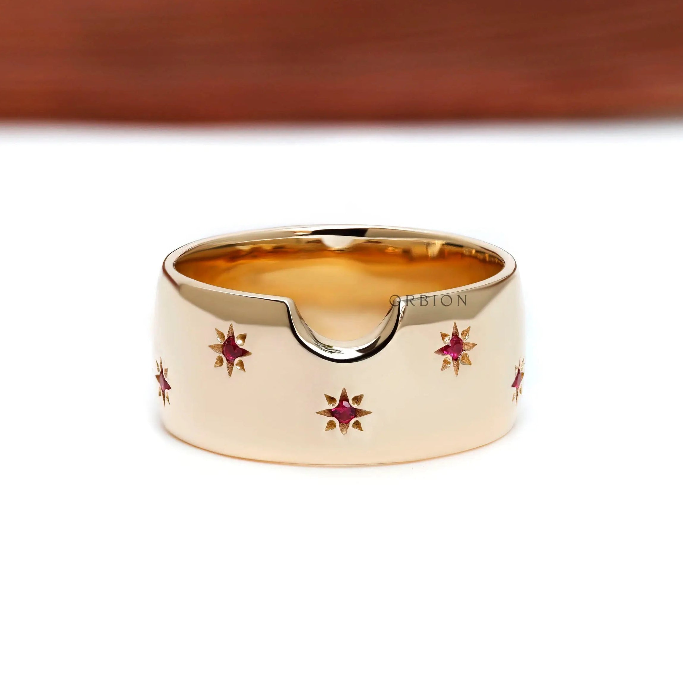 Starburst lab ruby dome cigar band ring in 10k yellow gold