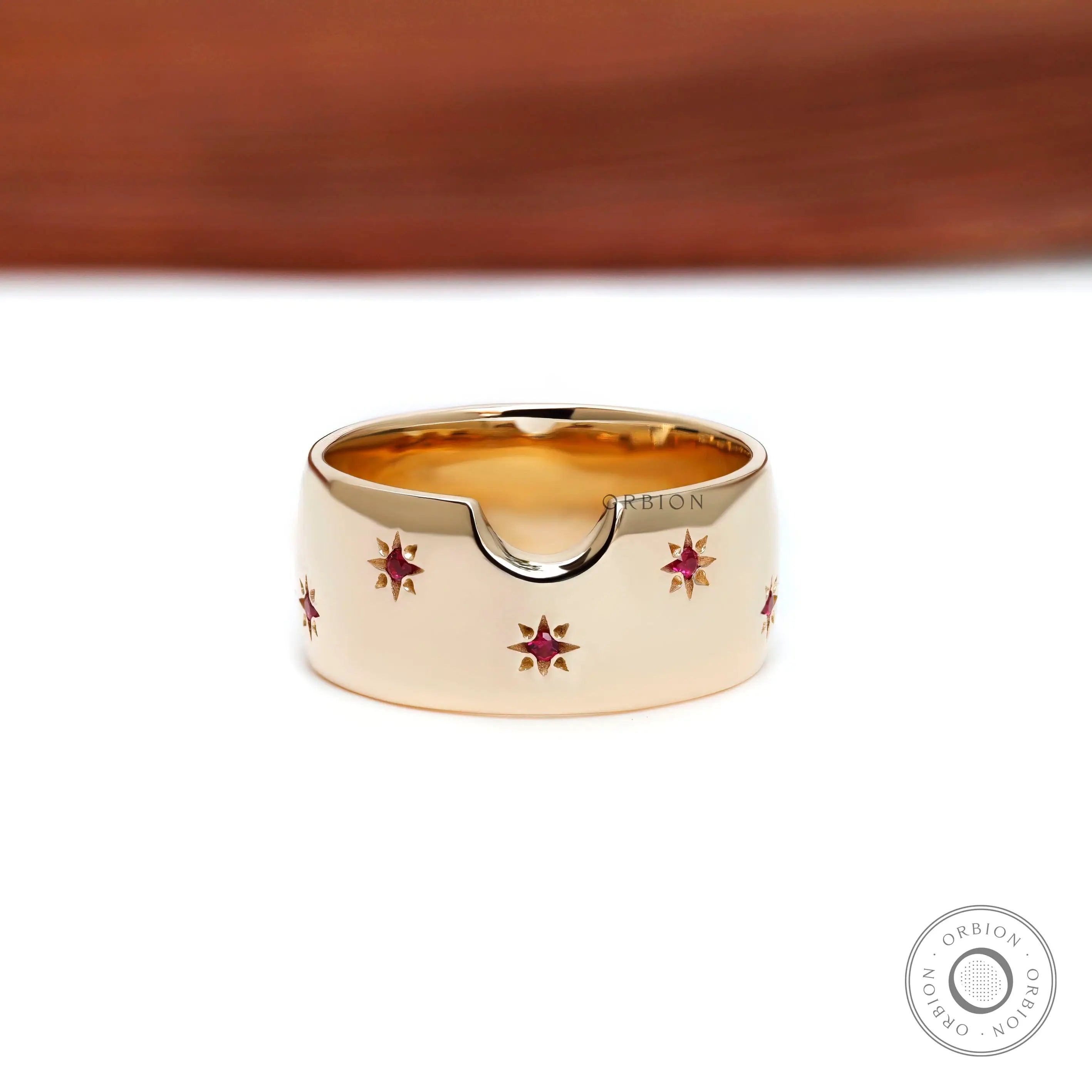 Starburst lab ruby dome cigar band ring in 10k yellow gold