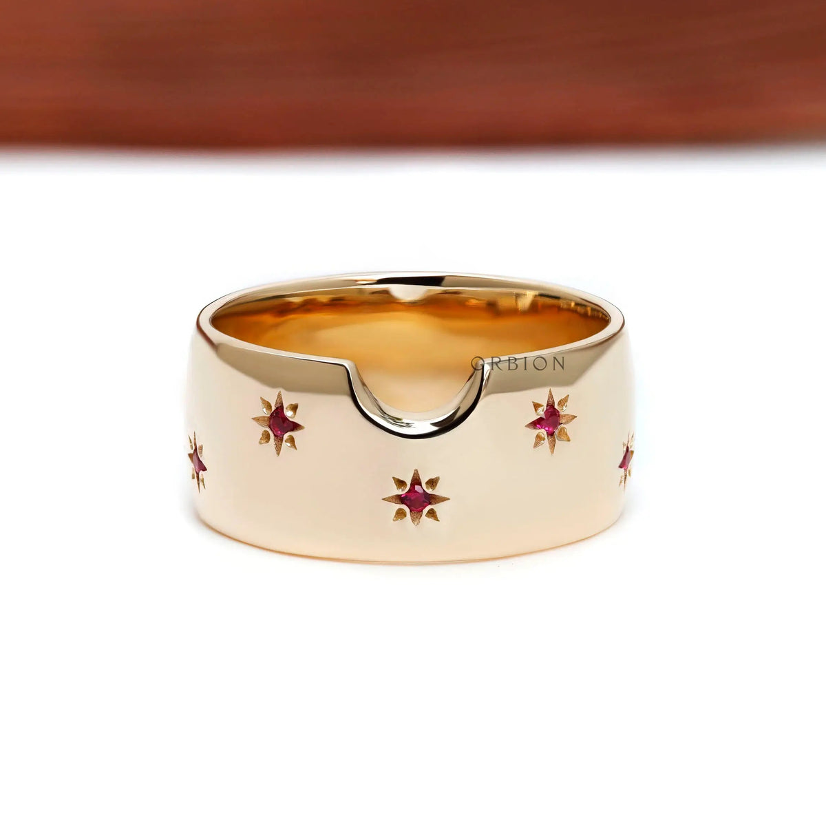 Starburst lab ruby dome cigar band ring in 10k yellow gold
