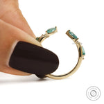 Green lab gemstone open cuff ring with branch and leaf design