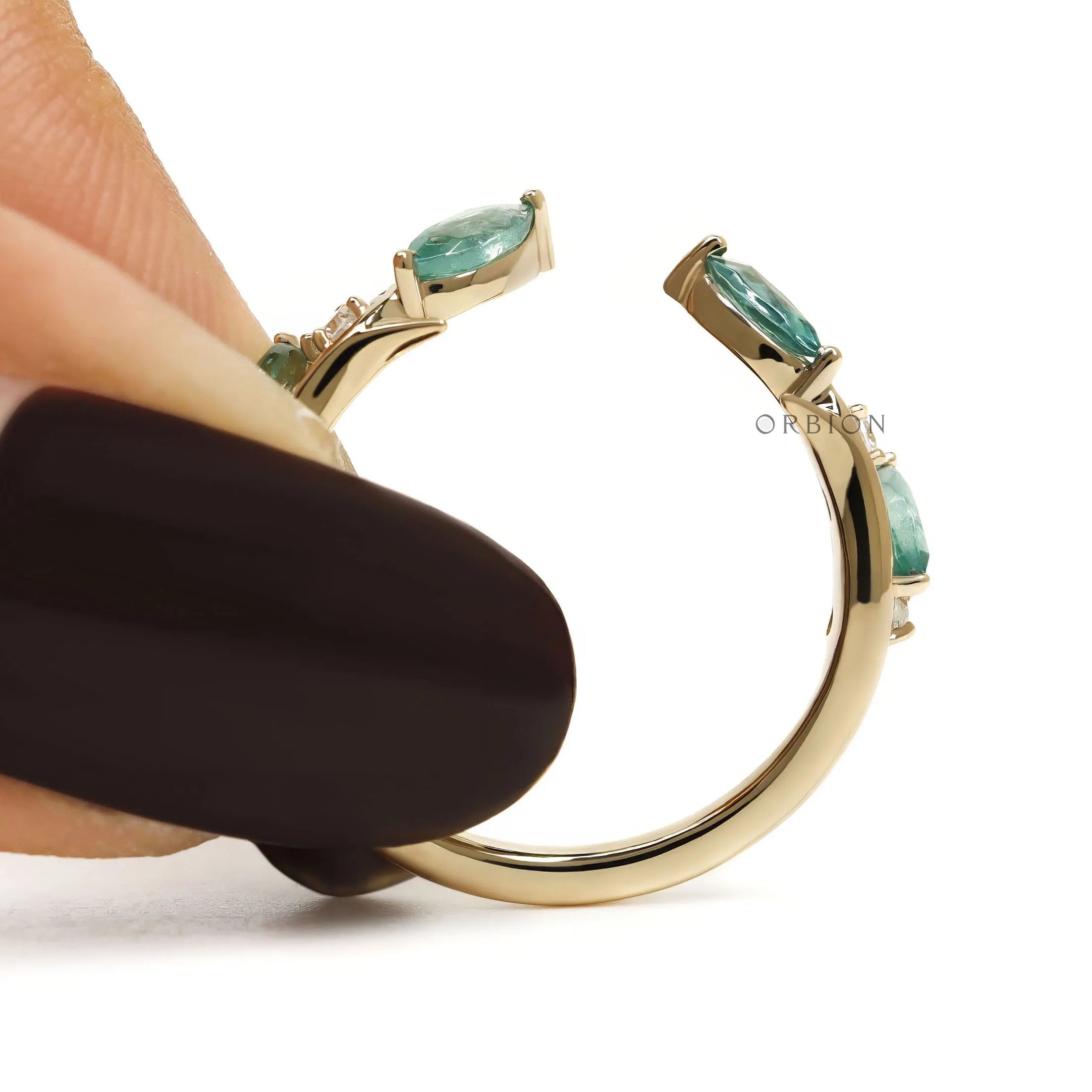 Green lab gemstone open cuff ring with branch and leaf design