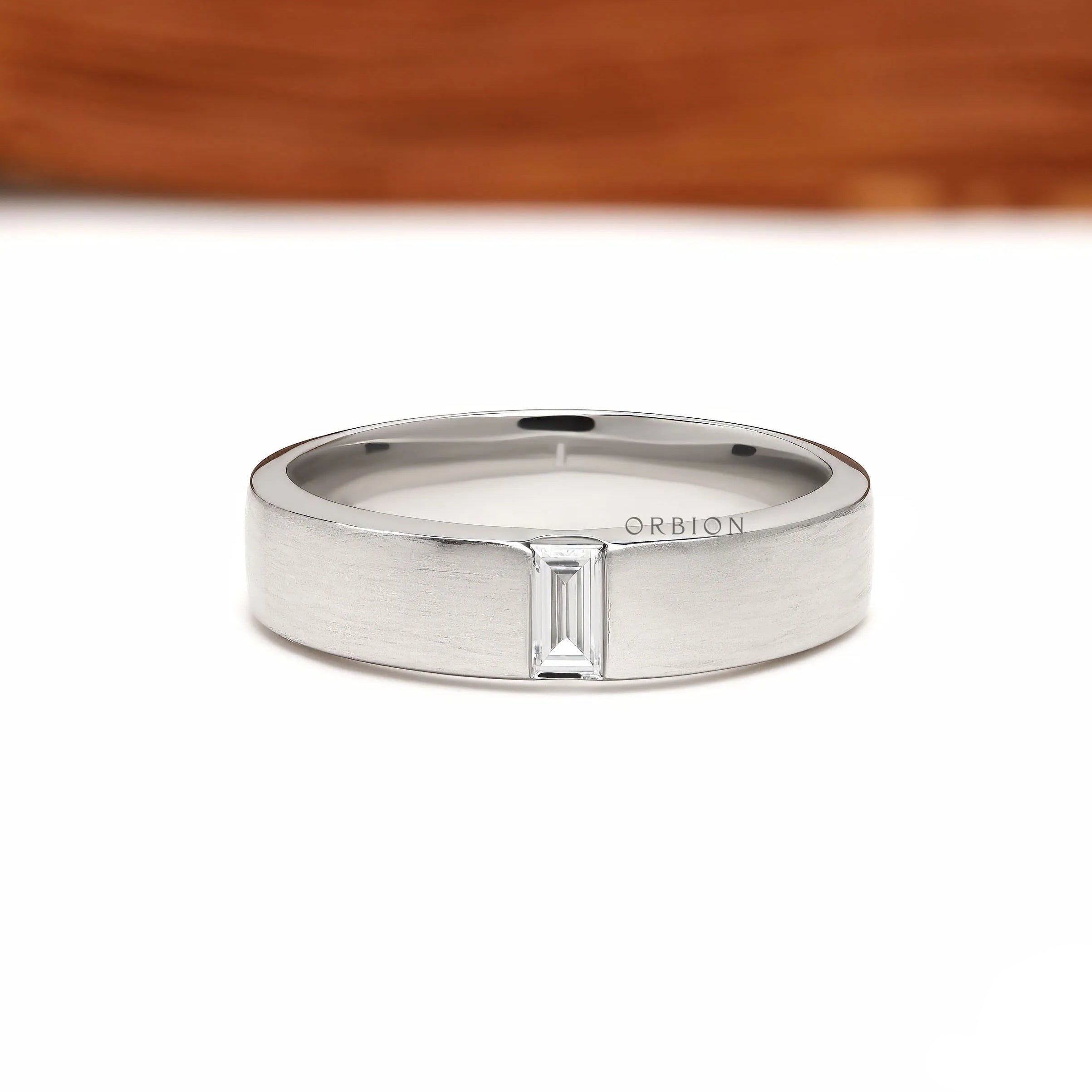 Unique platinum baguette diamond band for men featuring matte finish and modern anniversary ring design