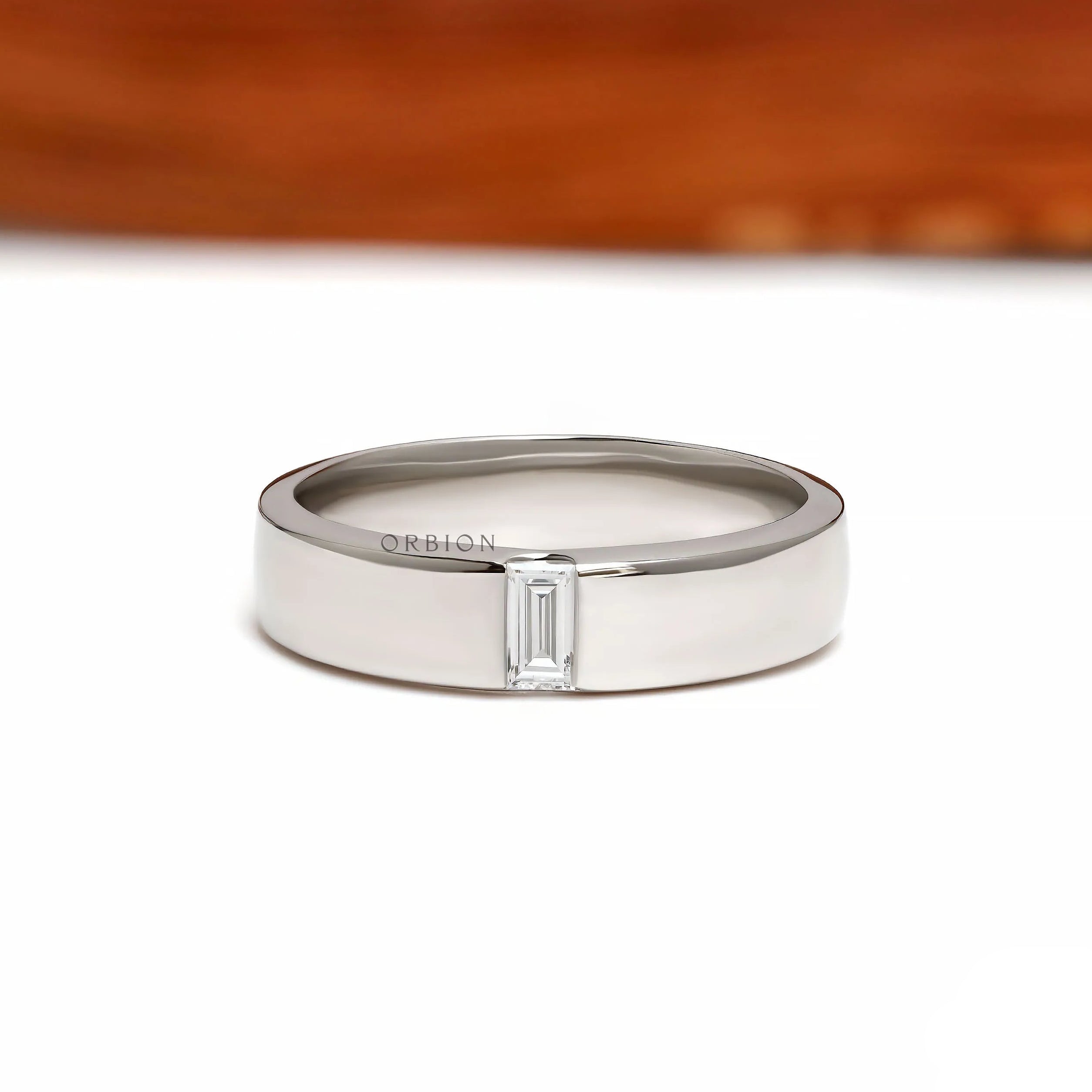Men’s baguette diamond wedding band in platinum with flat comfort fit design, 5 mm wide anniversary ring