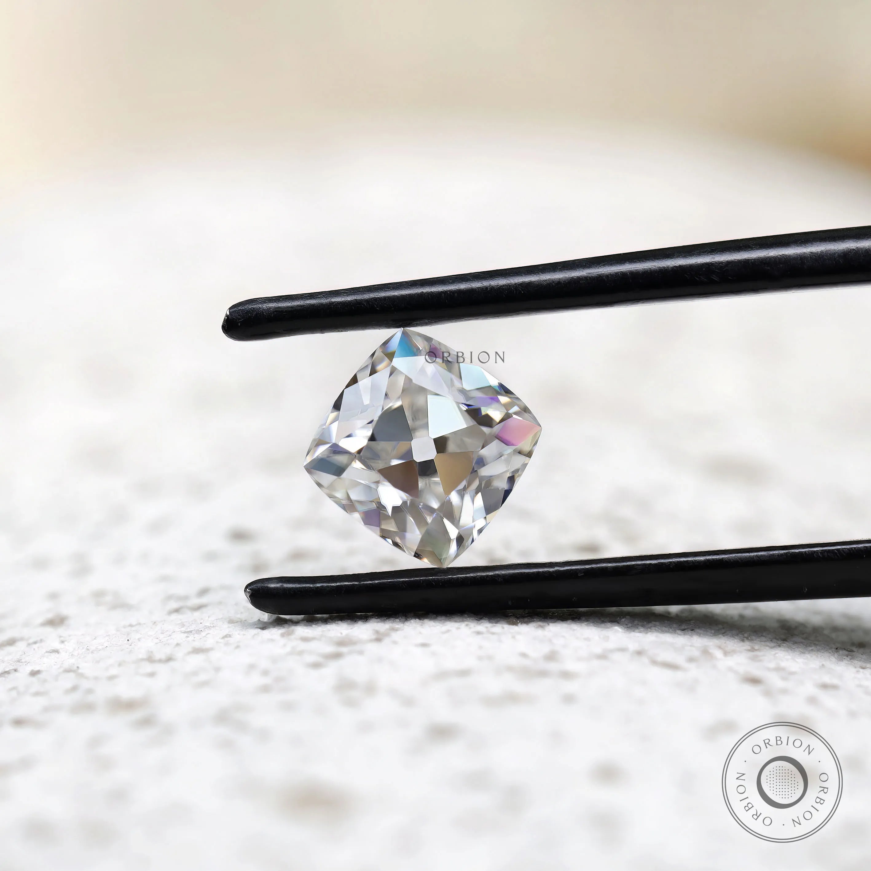 Square cushion moissanite with precise faceting detail