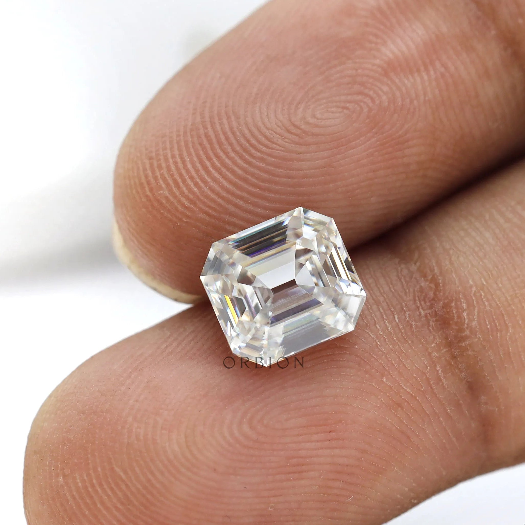 OMC style elongated asscher moissanite with open culet detail