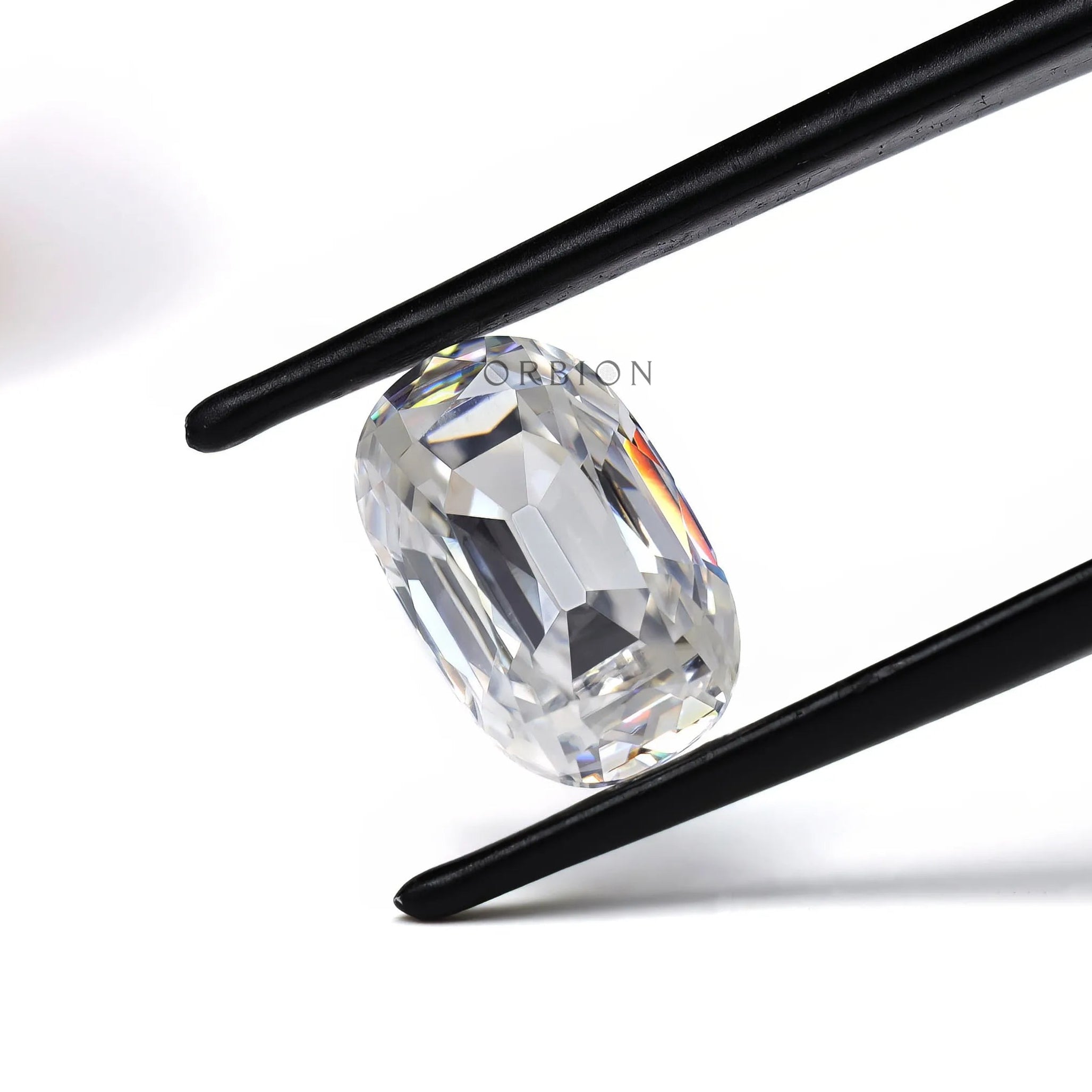 elongated cushion moissanite stone with vintage faceting in close view