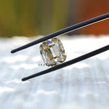Close view of antique style faceting in elongated cushion moissanite