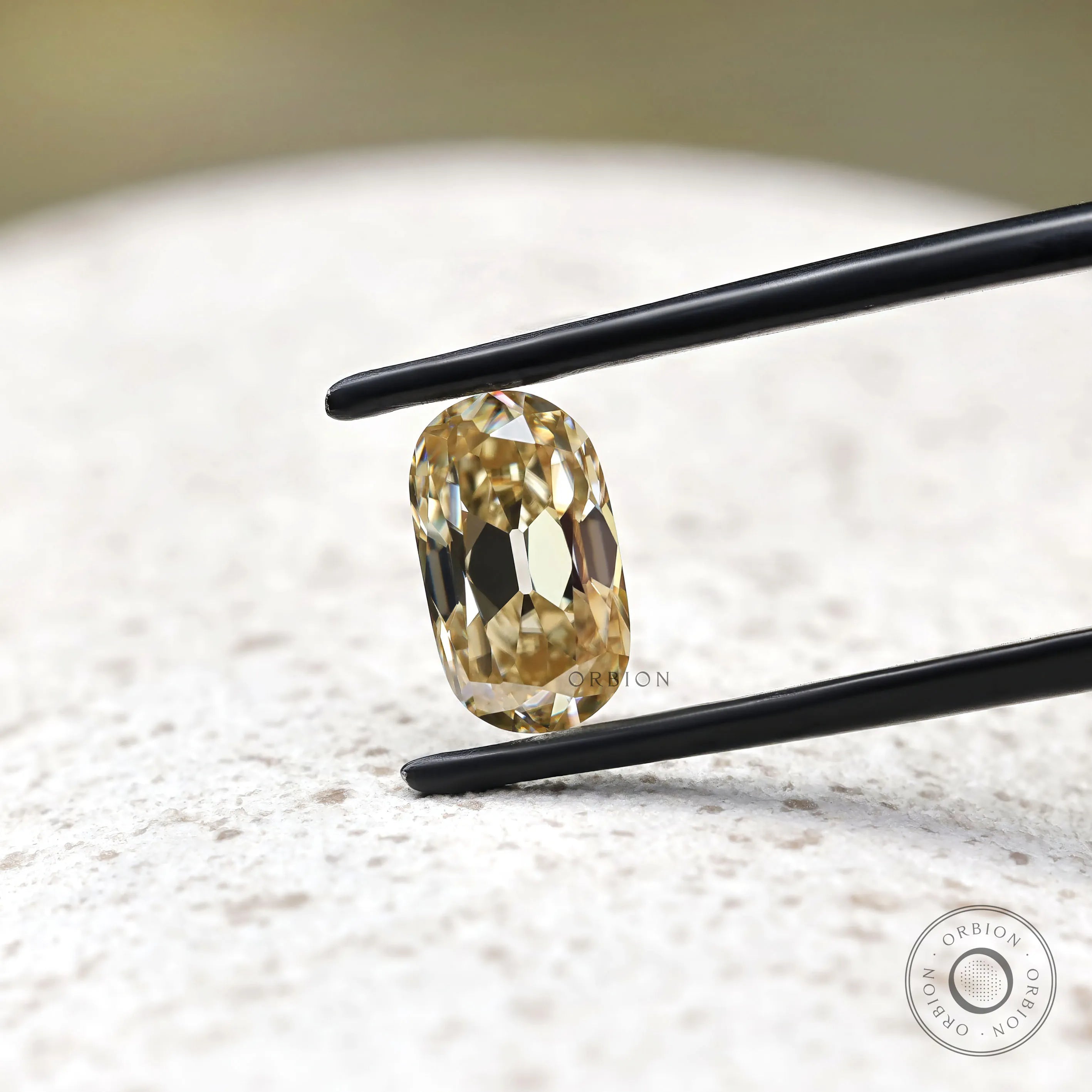 Antique cut elongated cushion champagne moissanite loose stone detail