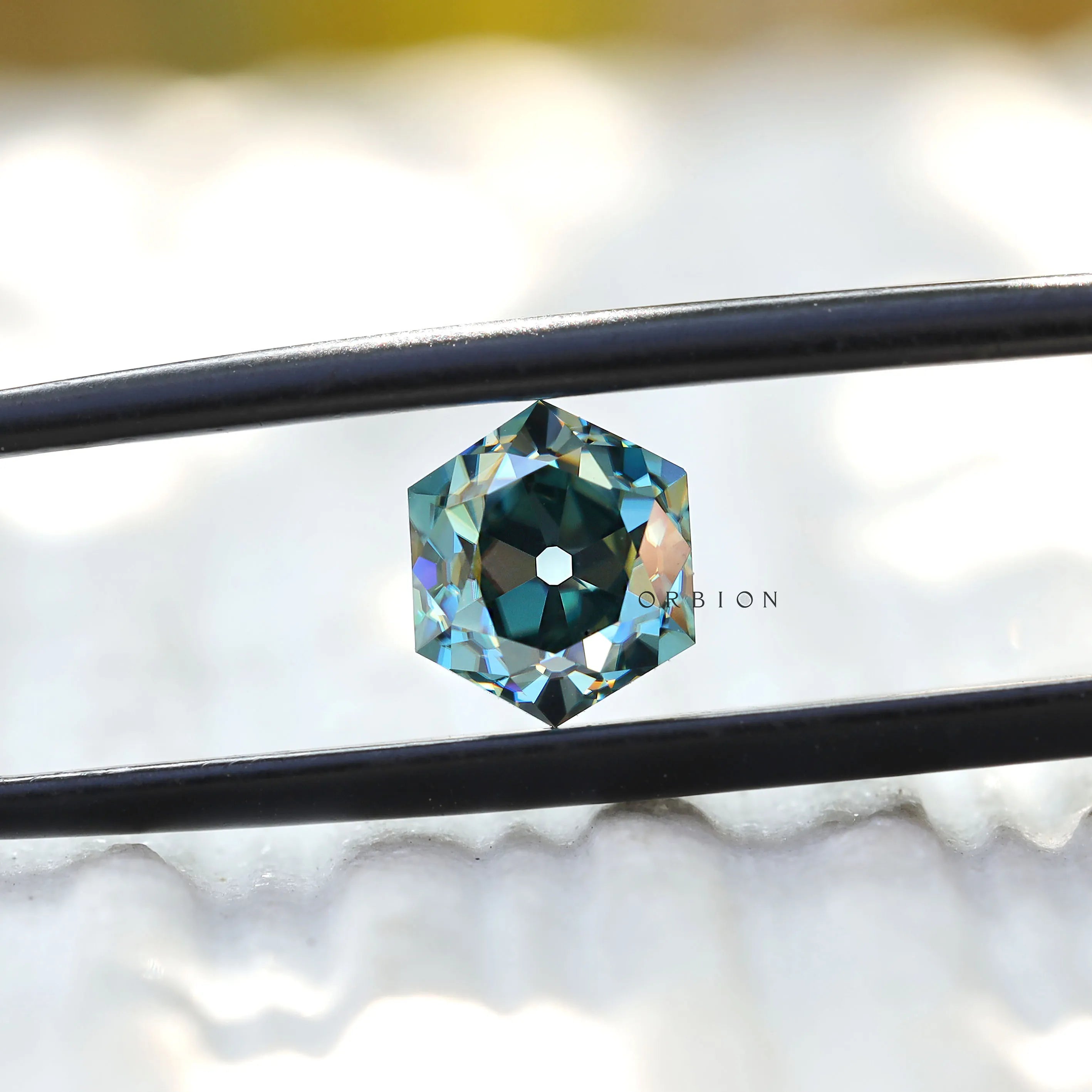 Blue green hexagon moissanite 1.60 ct antique omc cut stone