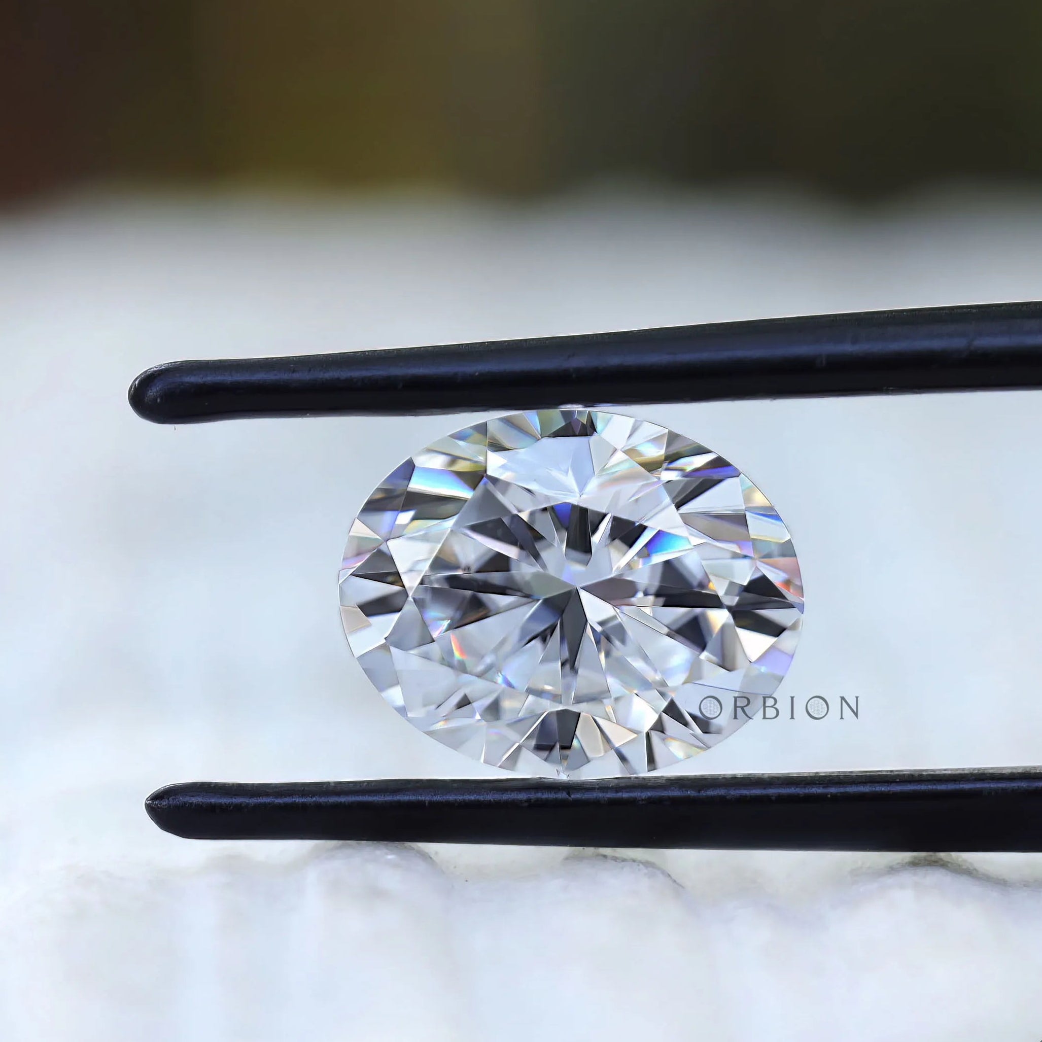 Oval moissanite gemstone close-up sparkle view