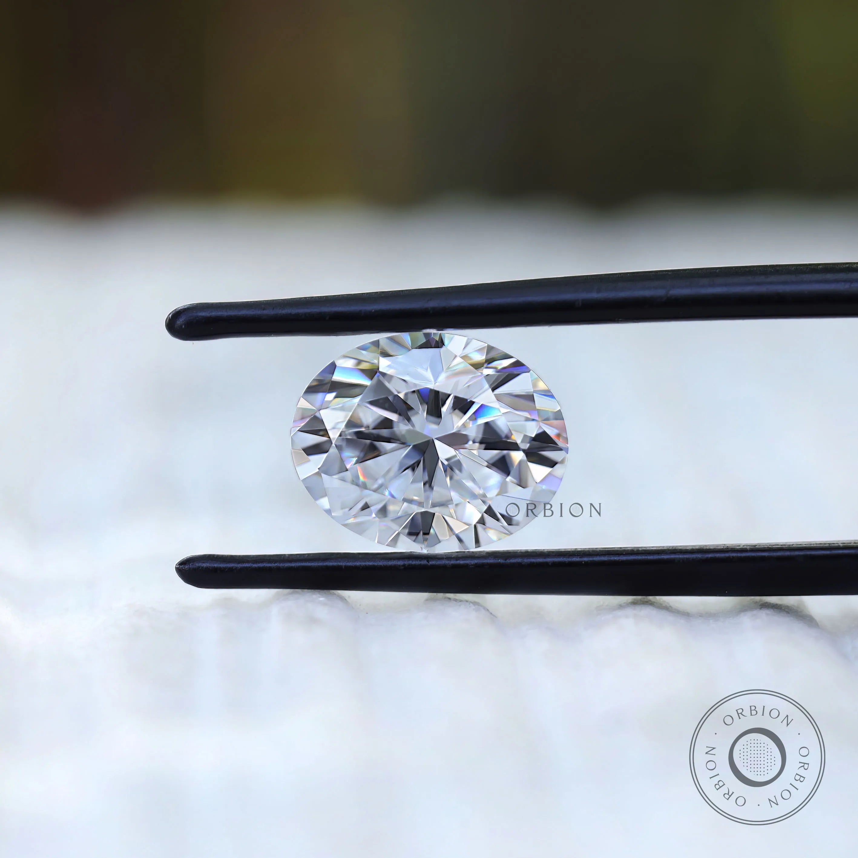 Oval moissanite gemstone close-up sparkle view