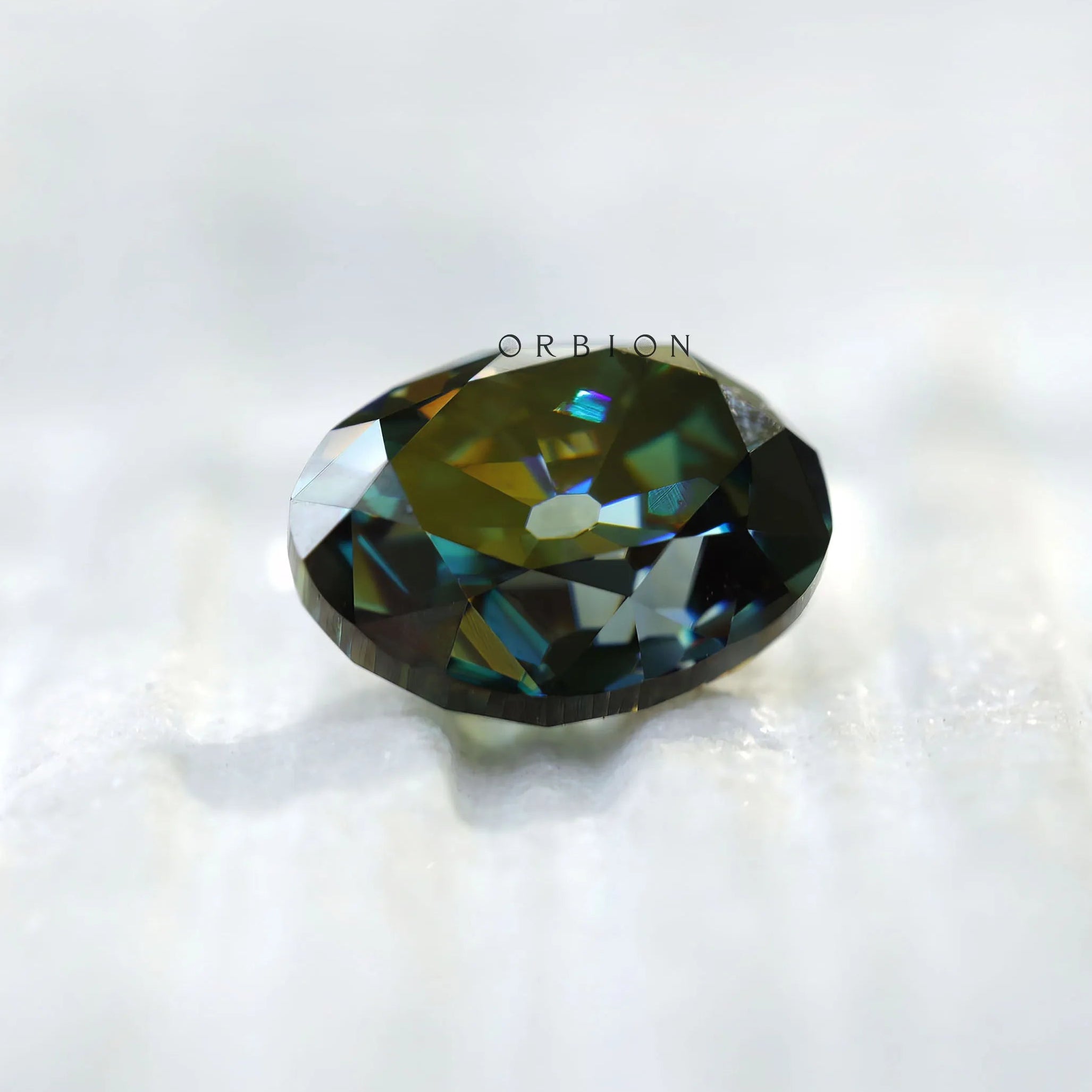 Oval Old Mine Cut moissanite rich green tone reflection