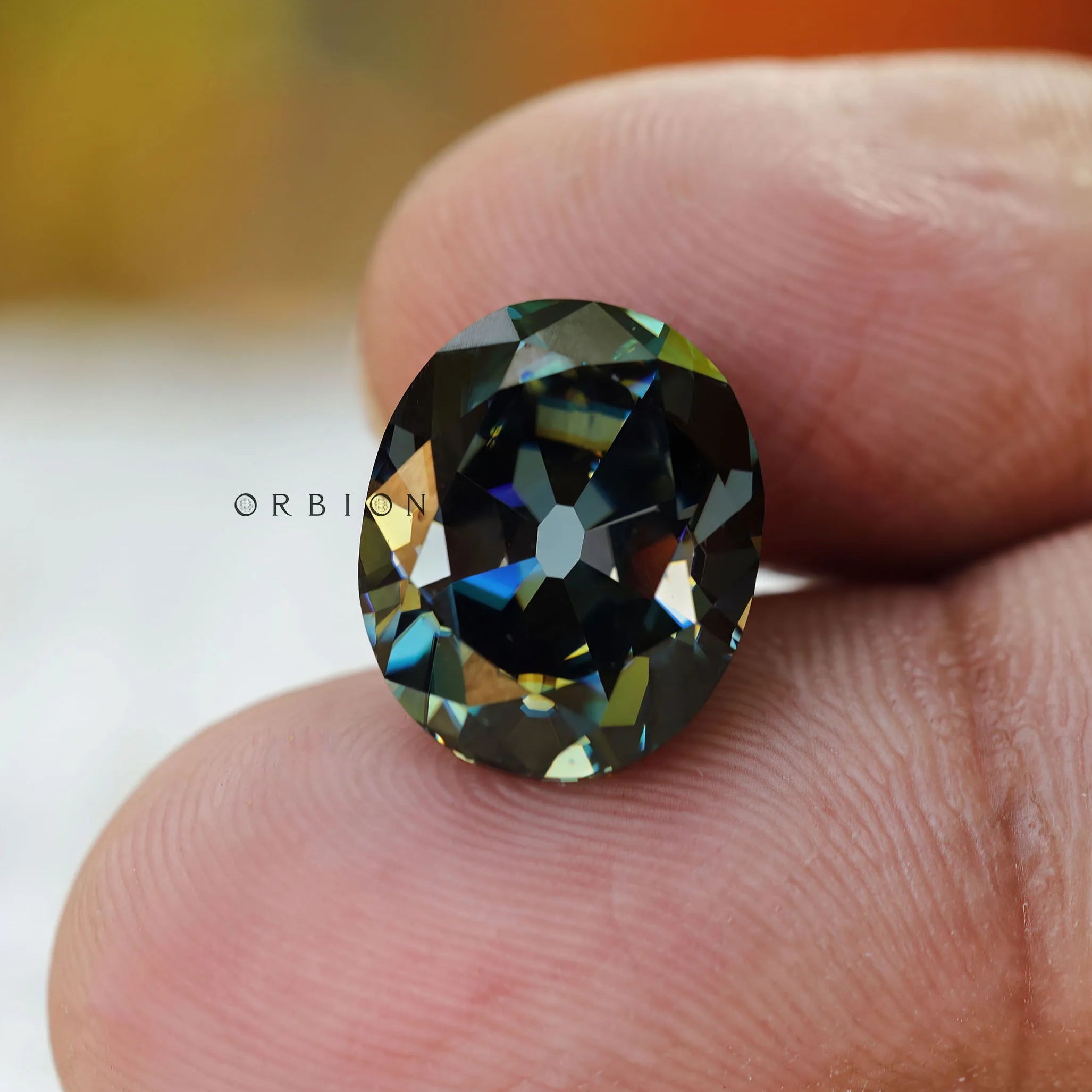 Old Mine Cut oval moissanite bold green tone sparkle