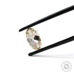 Elongated oval moissanite held in tweezers