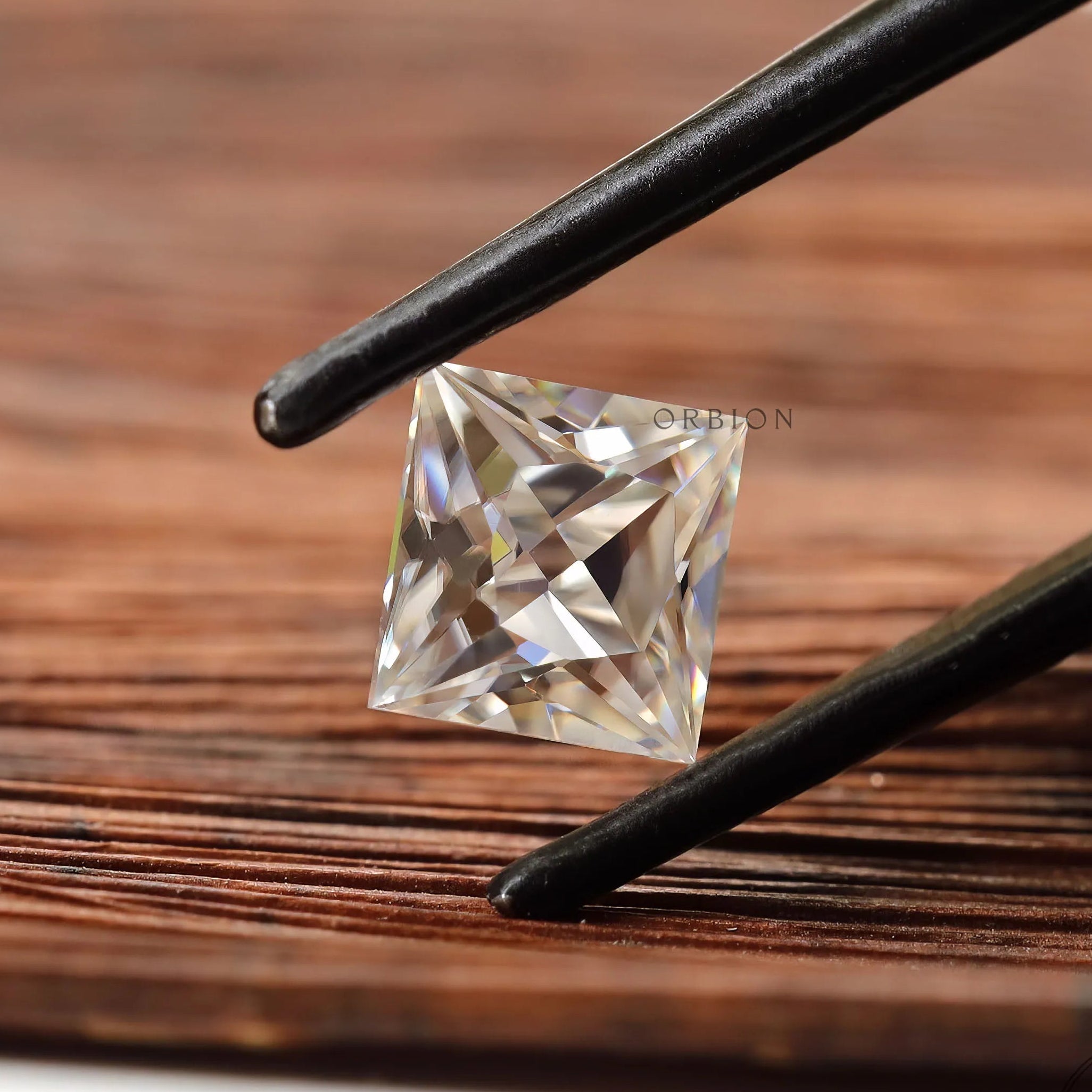 Angled view princess French cut moissanite brilliance detail